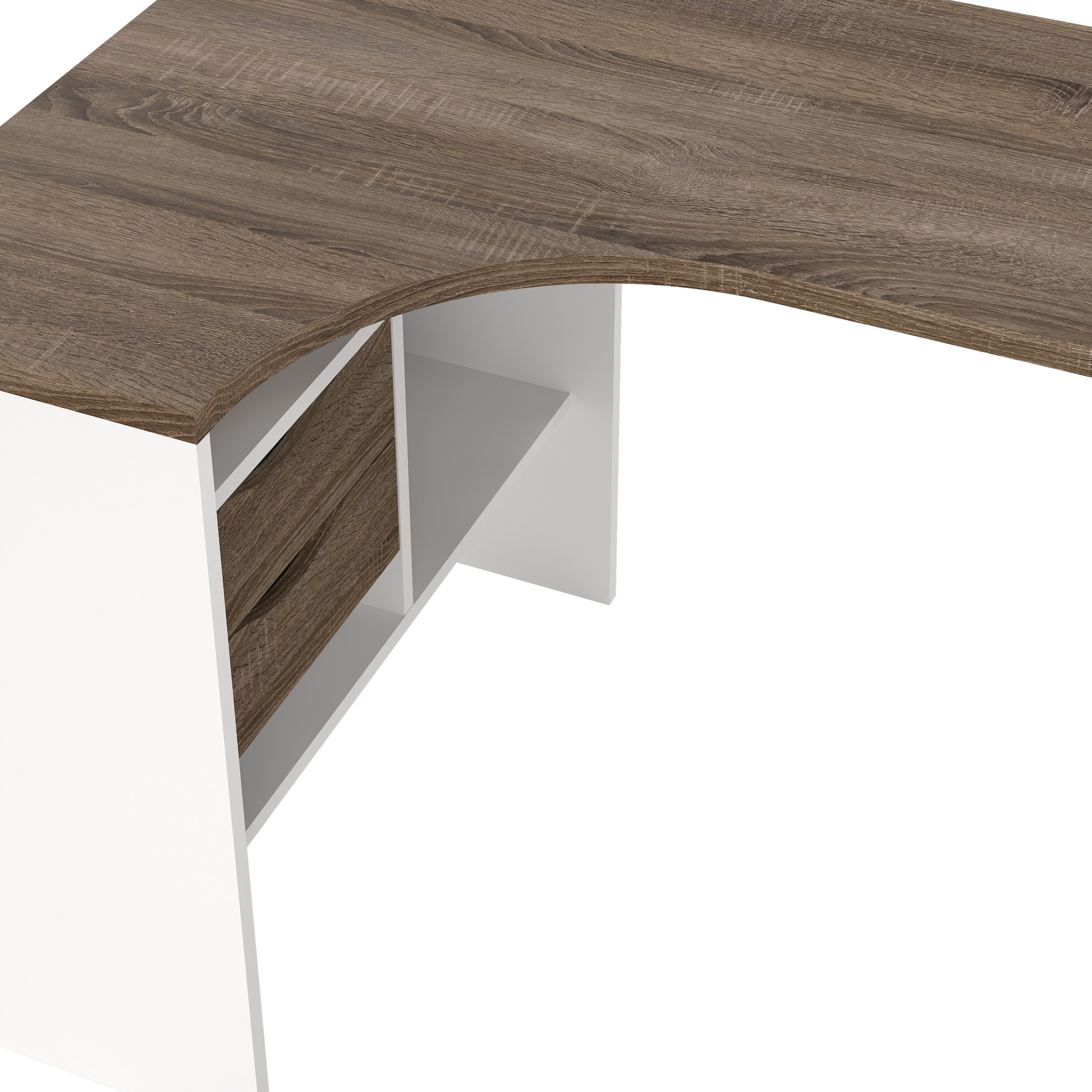 Escritorio Esquinero Blanco y Madera 2 Cajones 3 Espacios de Almacenaje Estructura de Madera Procesada