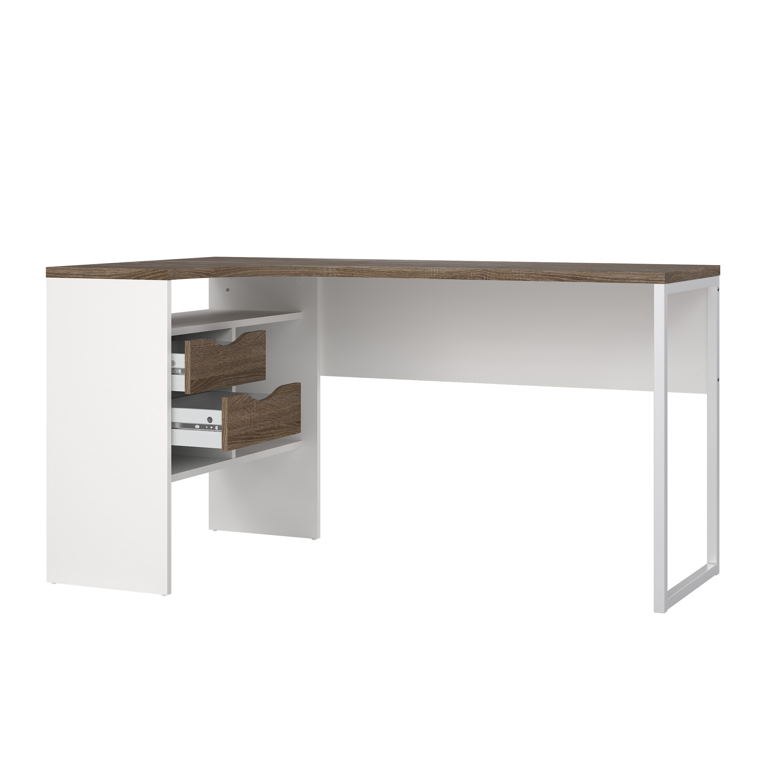 Escritorio Esquinero Blanco y Madera 2 Cajones 3 Espacios de Almacenaje Estructura de Madera Procesada