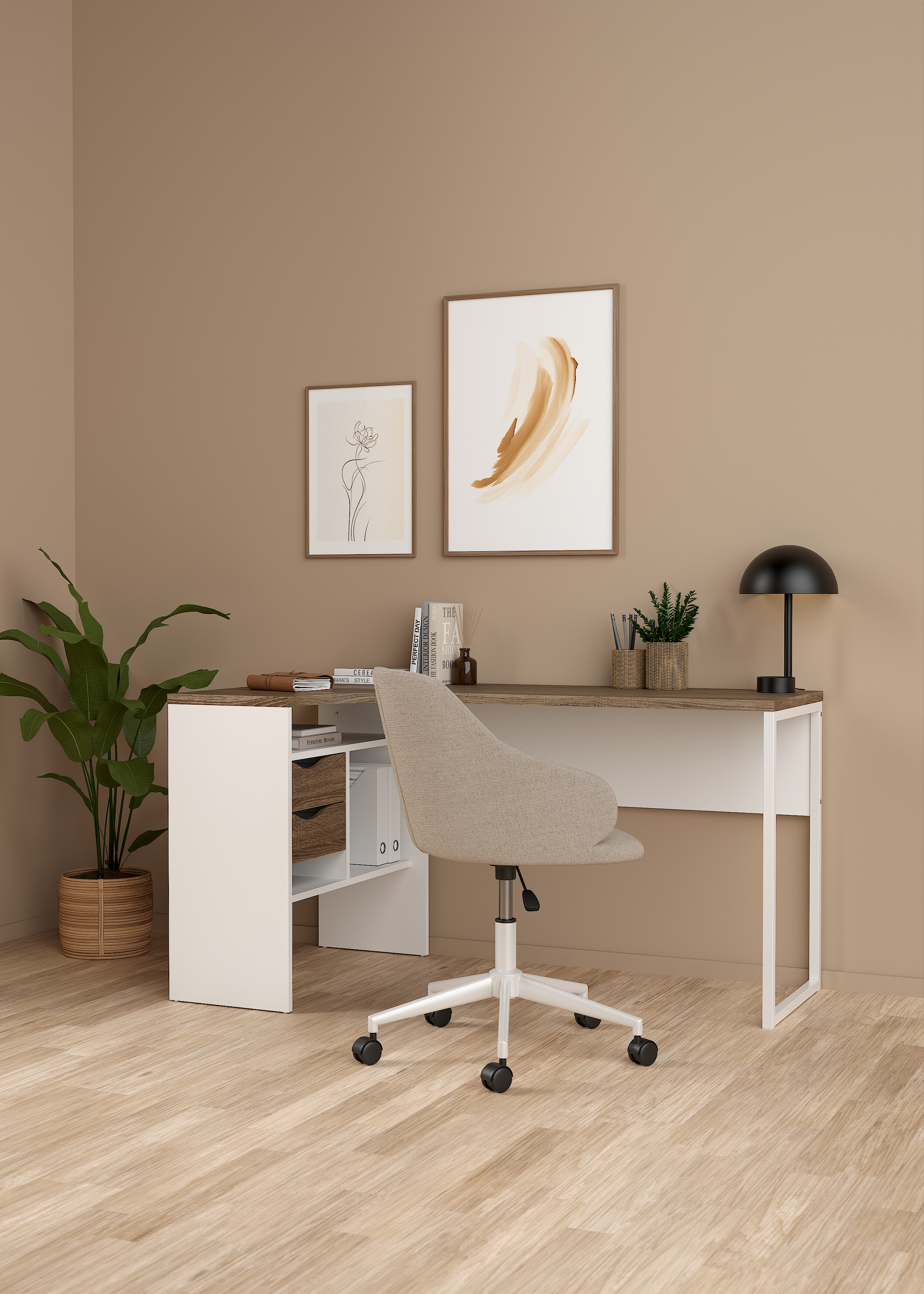 Escritorio Esquinero Blanco y Madera 2 Cajones 3 Espacios de Almacenaje Estructura de Madera Procesada