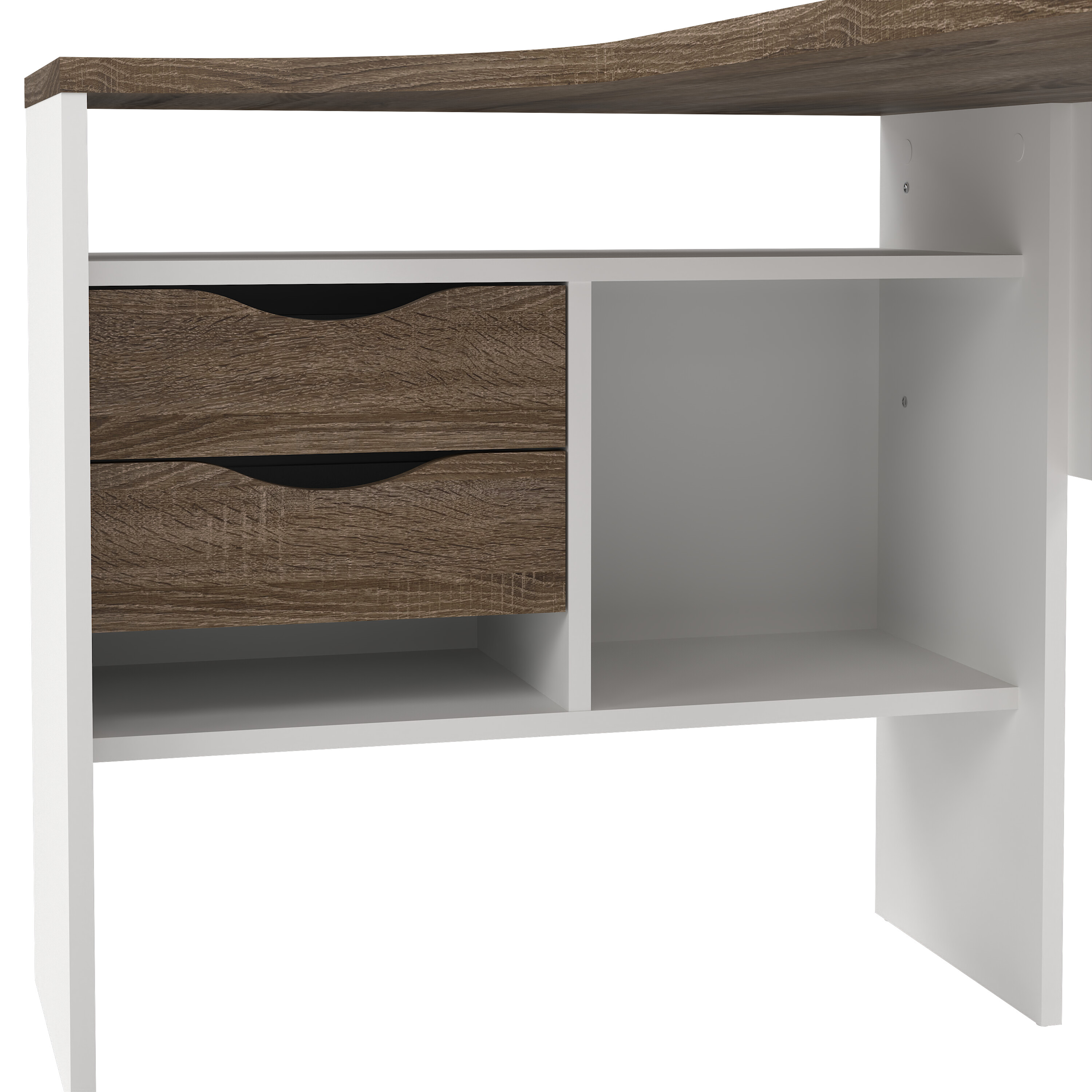 Escritorio Esquinero Blanco y Madera 2 Cajones 3 Espacios de Almacenaje Estructura de Madera Procesada