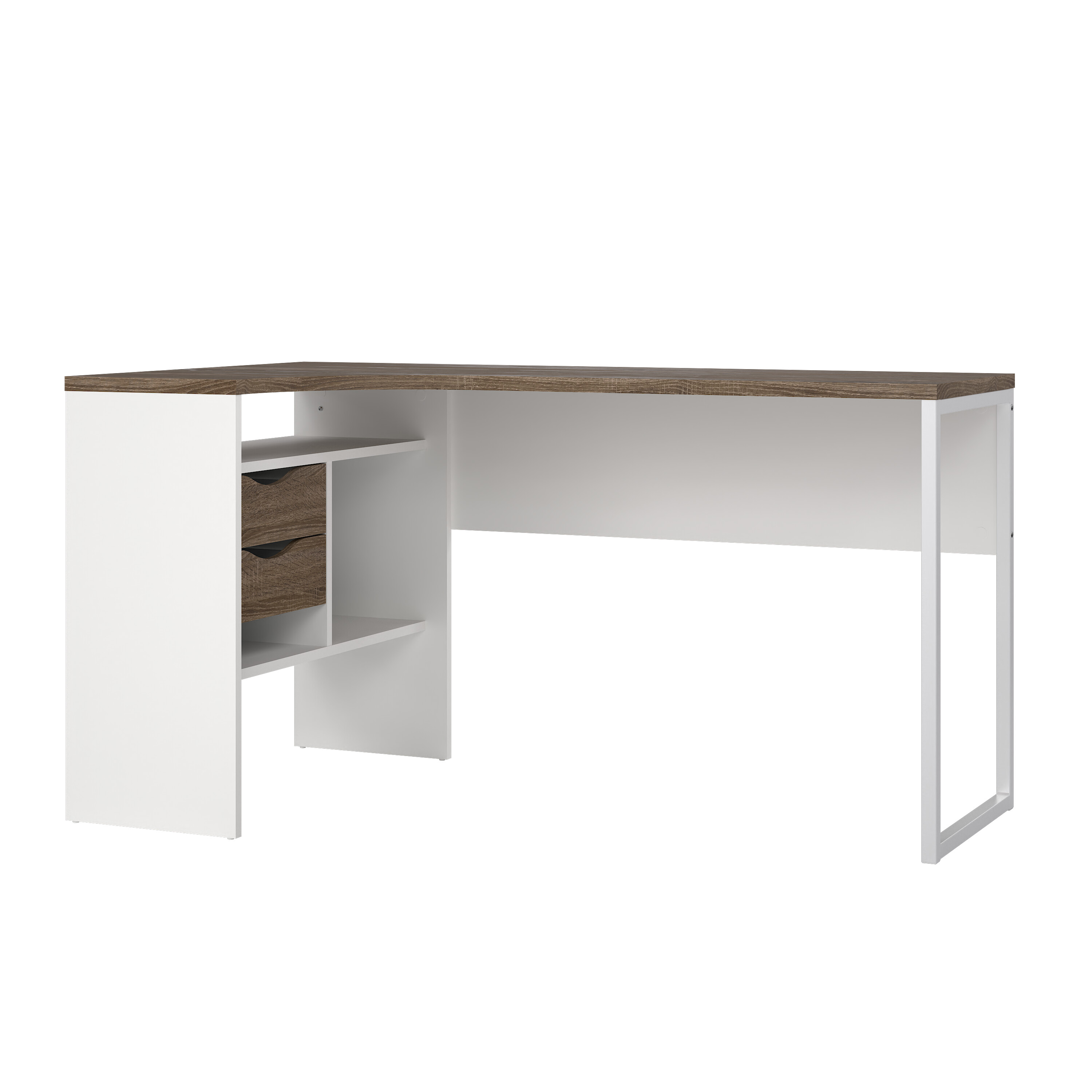 Escritorio Esquinero Blanco y Madera 2 Cajones 3 Espacios de Almacenaje Estructura de Madera Procesada