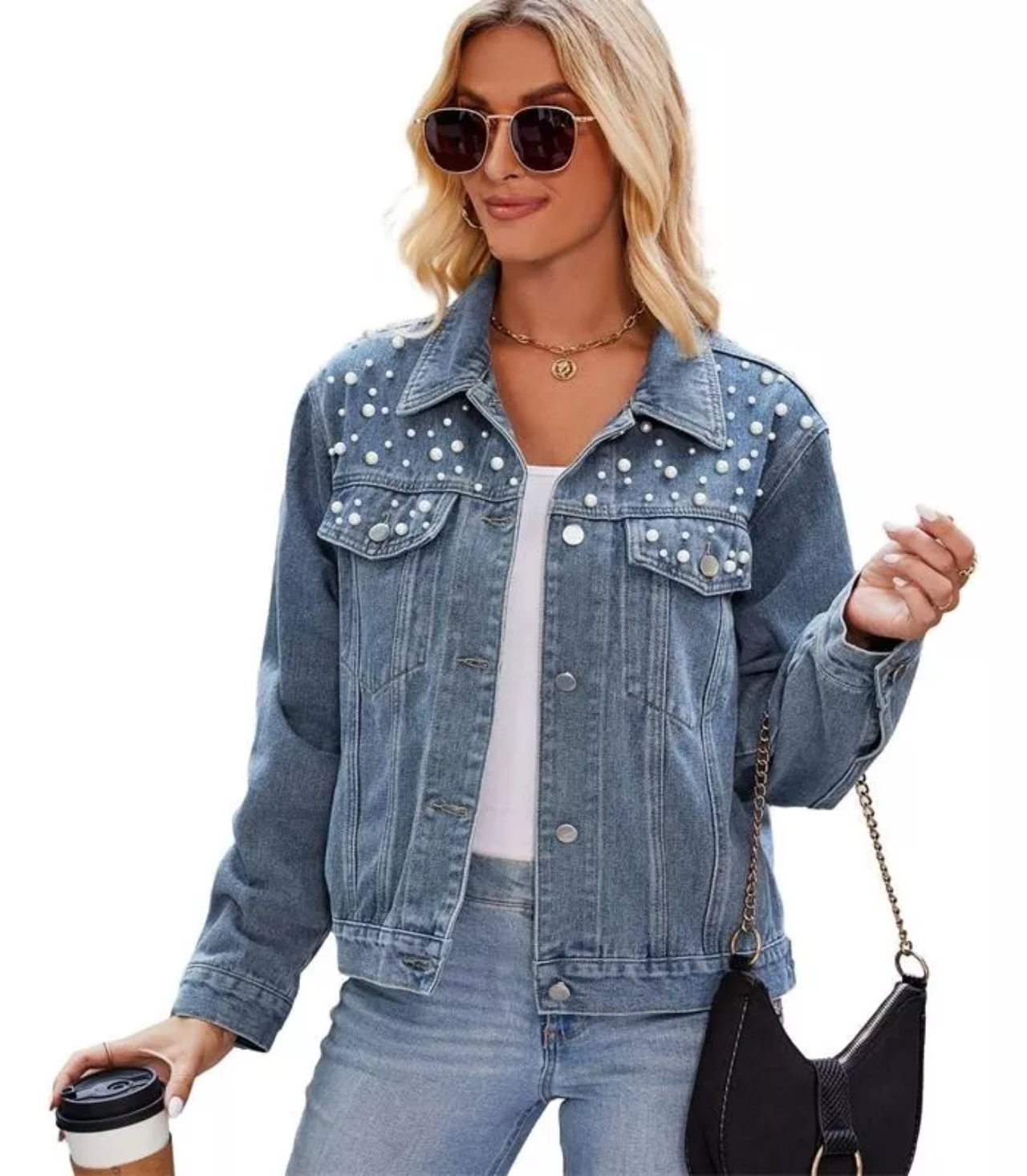 Abrigo De Chaqueta De Perlas De Mezclilla Para Mujer Moda