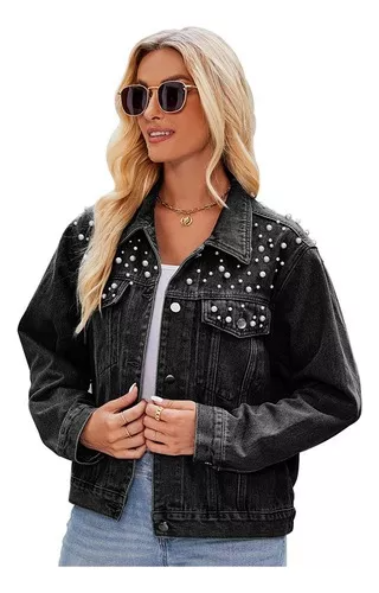 Abrigo De Chaqueta De Perlas De Mezclilla Para Mujer Moda