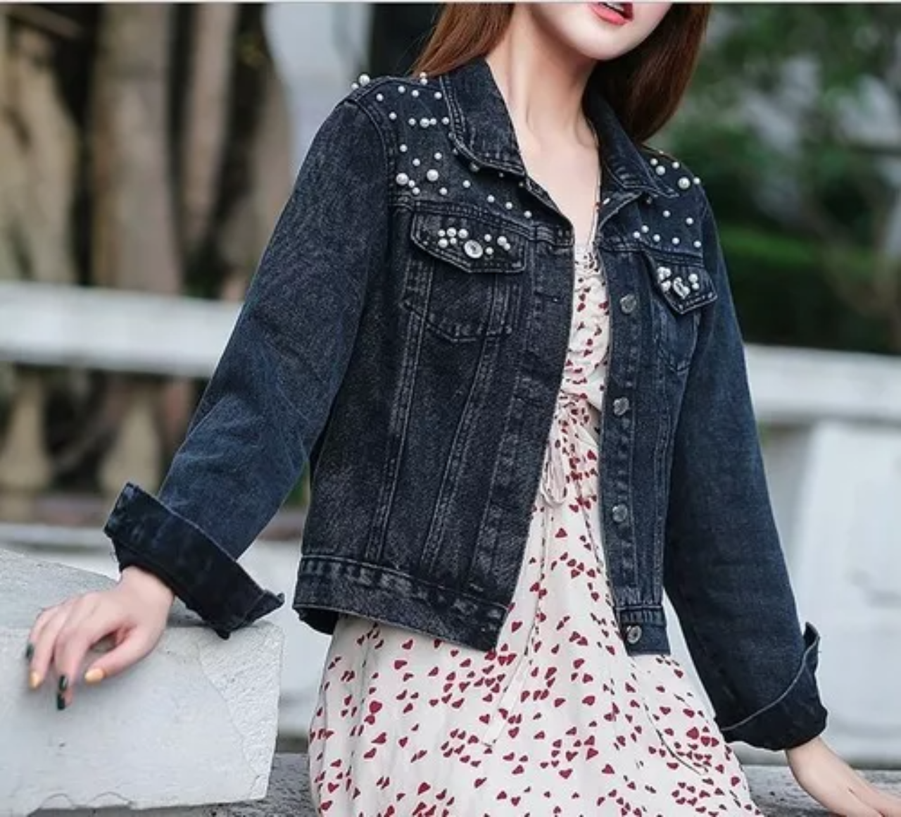 Abrigo De Chaqueta De Perlas De Mezclilla Para Mujer Moda