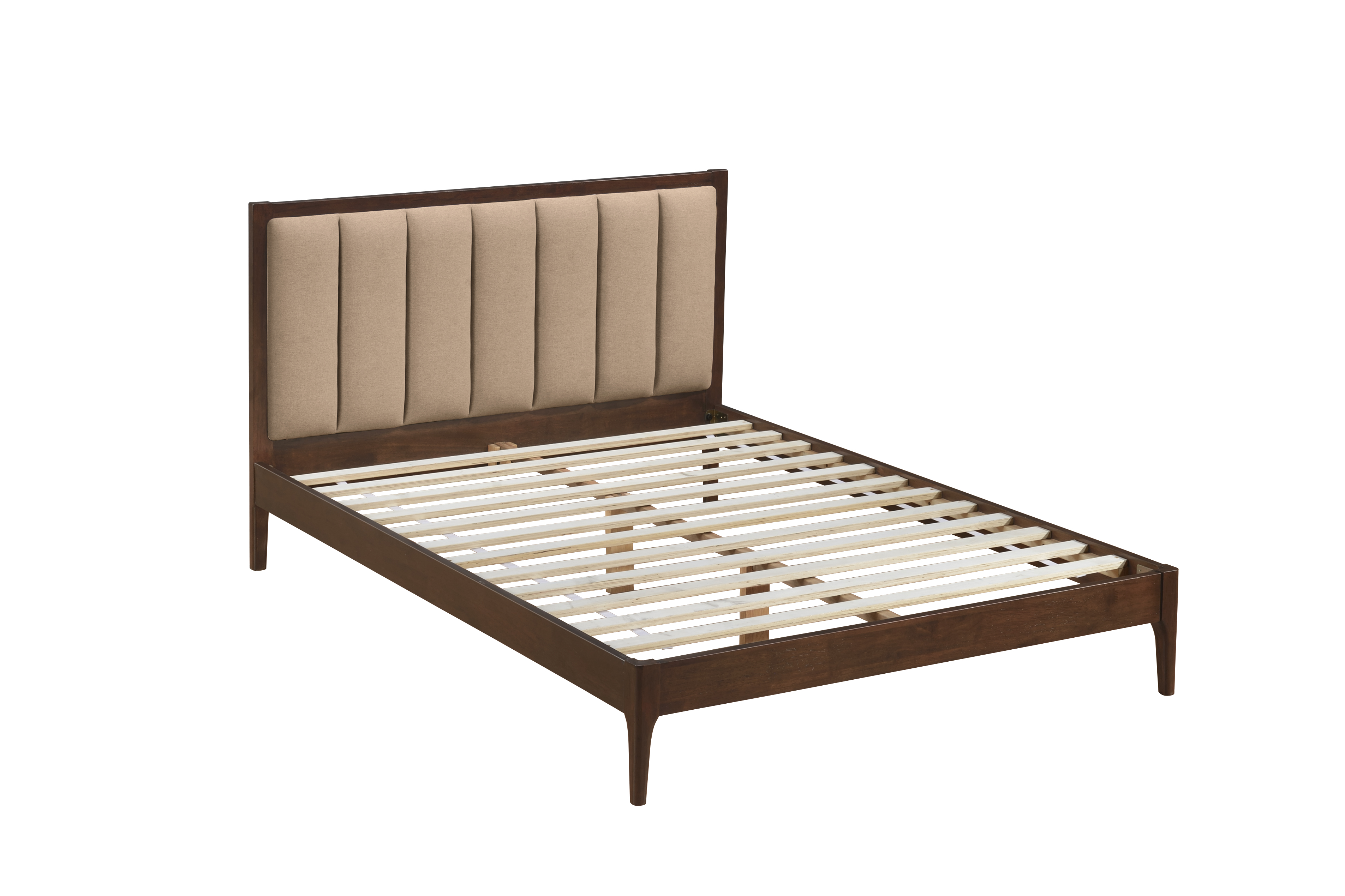 Cama Matrimonial Tapizada en Lino Beige con Estructura de Madera de Caucho