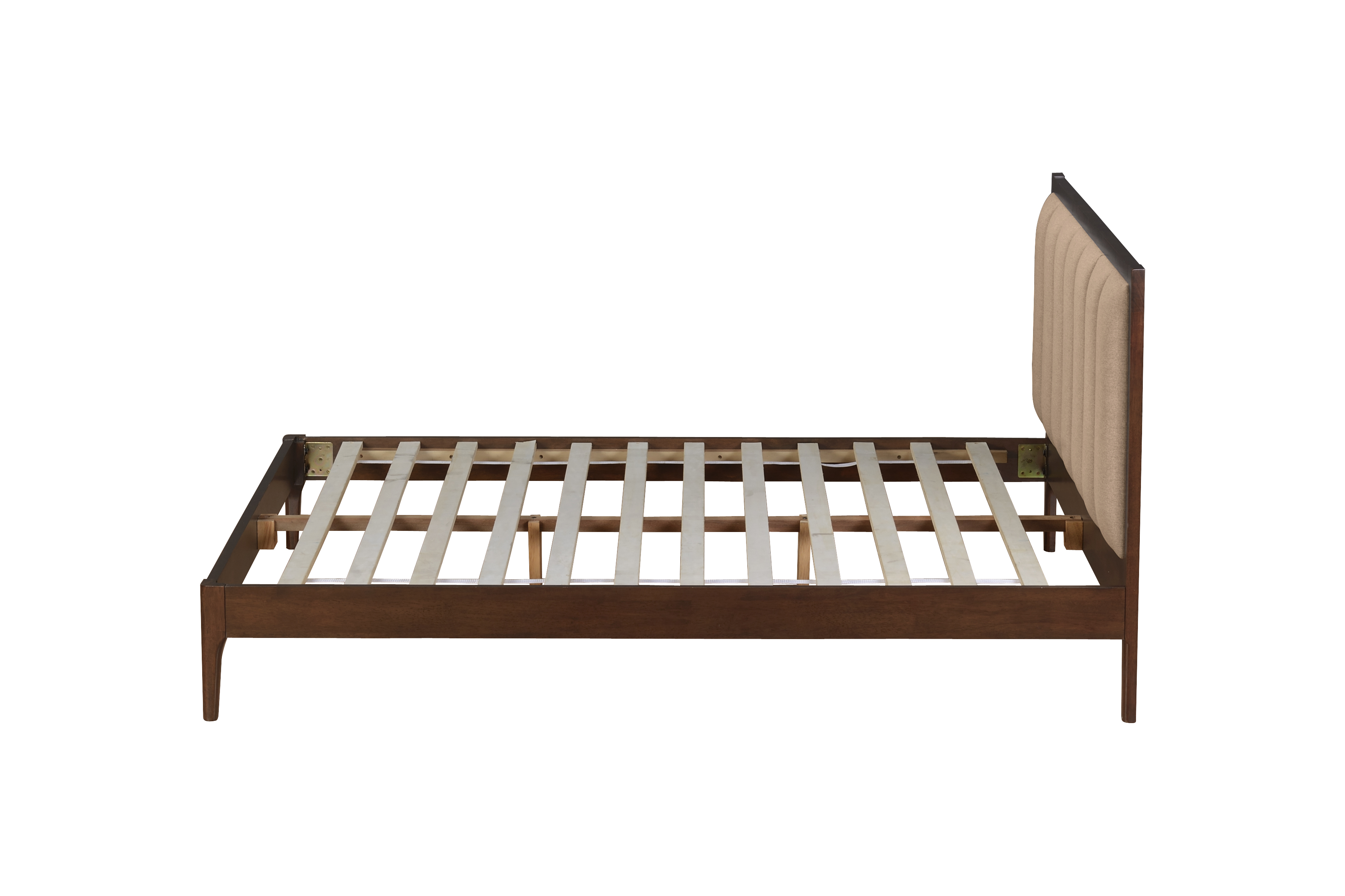 Cama Matrimonial Tapizada en Lino Beige con Estructura de Madera de Caucho