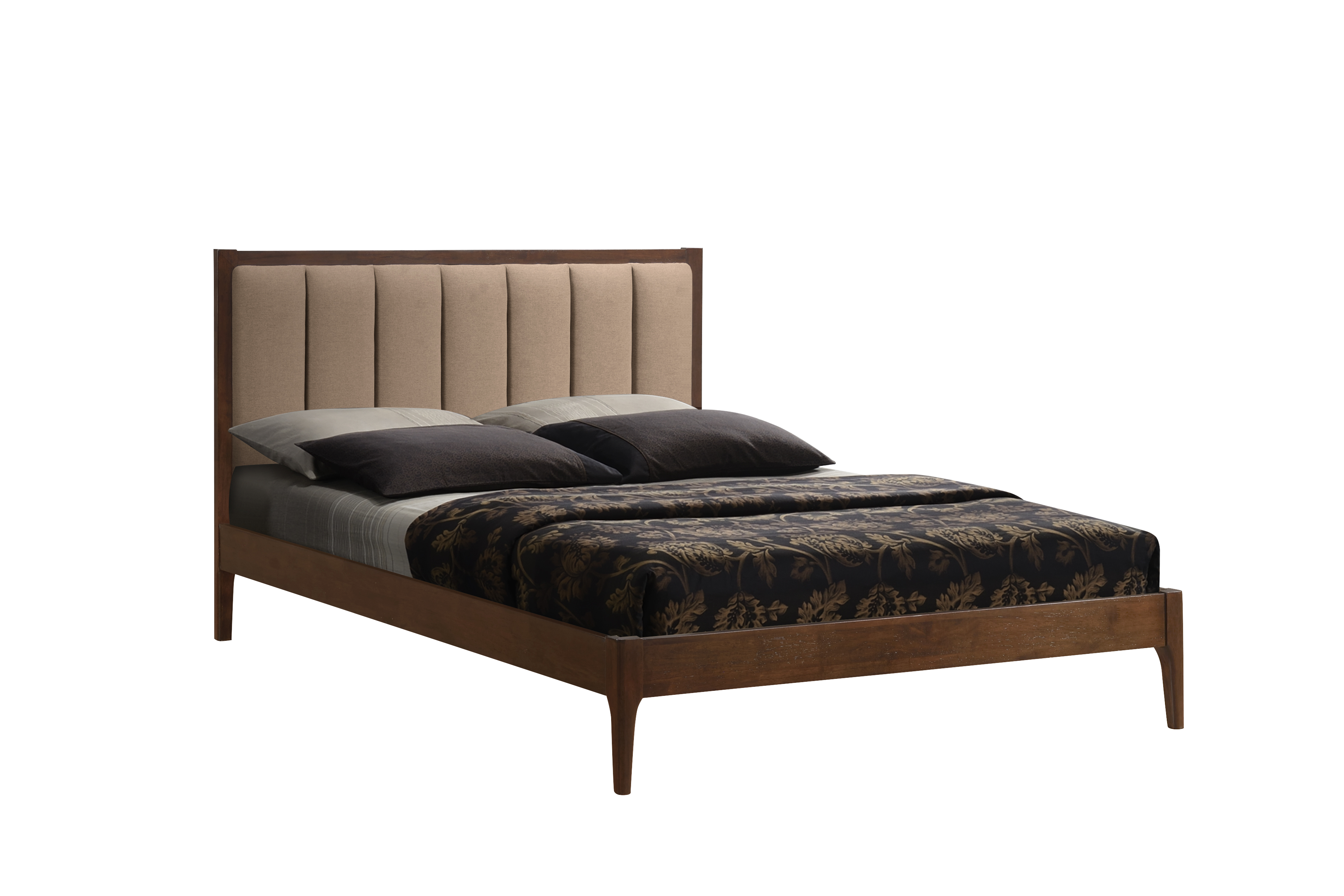 Cama Matrimonial Tapizada en Lino Beige con Estructura de Madera de Caucho