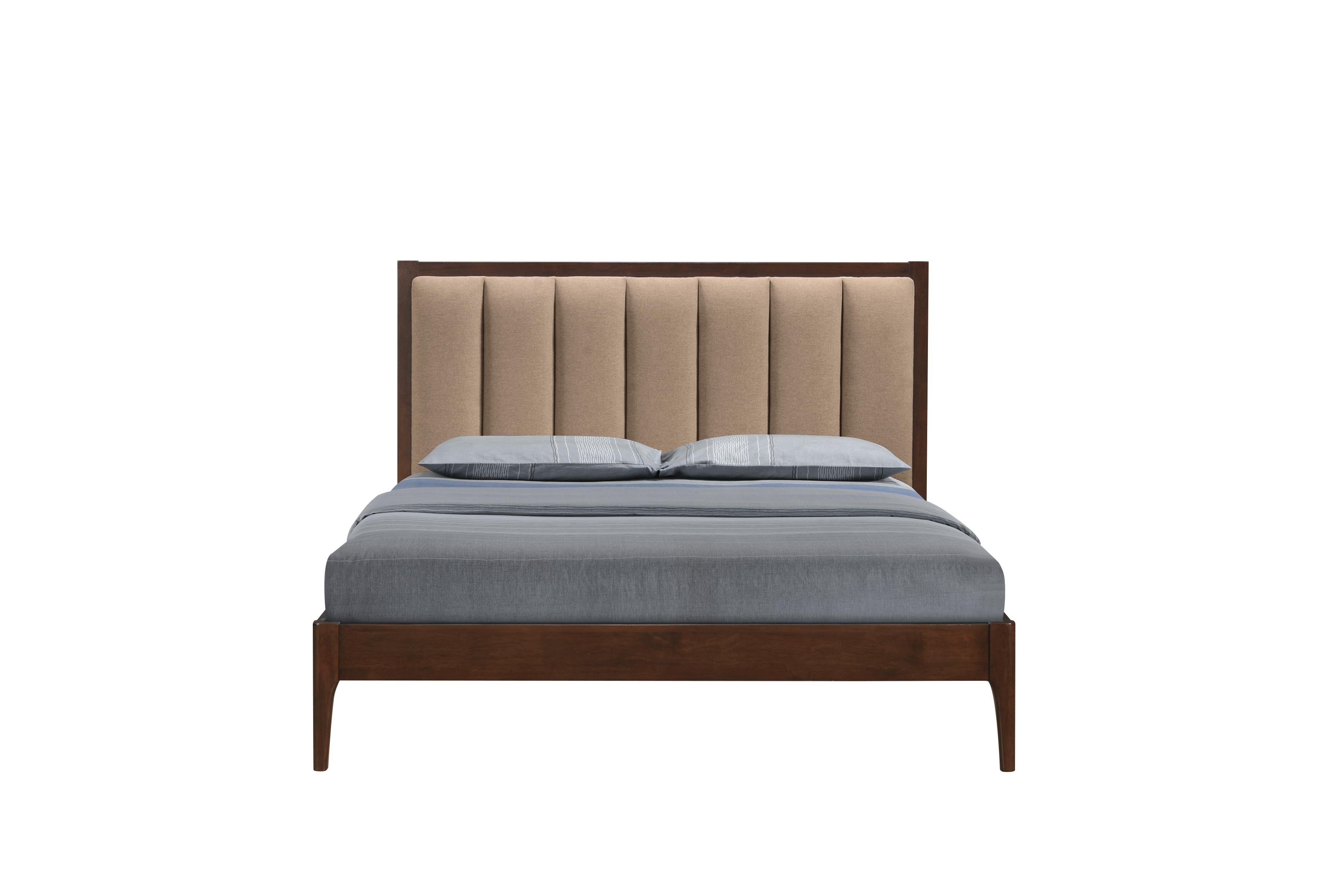 Cama Matrimonial Tapizada en Lino Beige con Estructura de Madera de Caucho