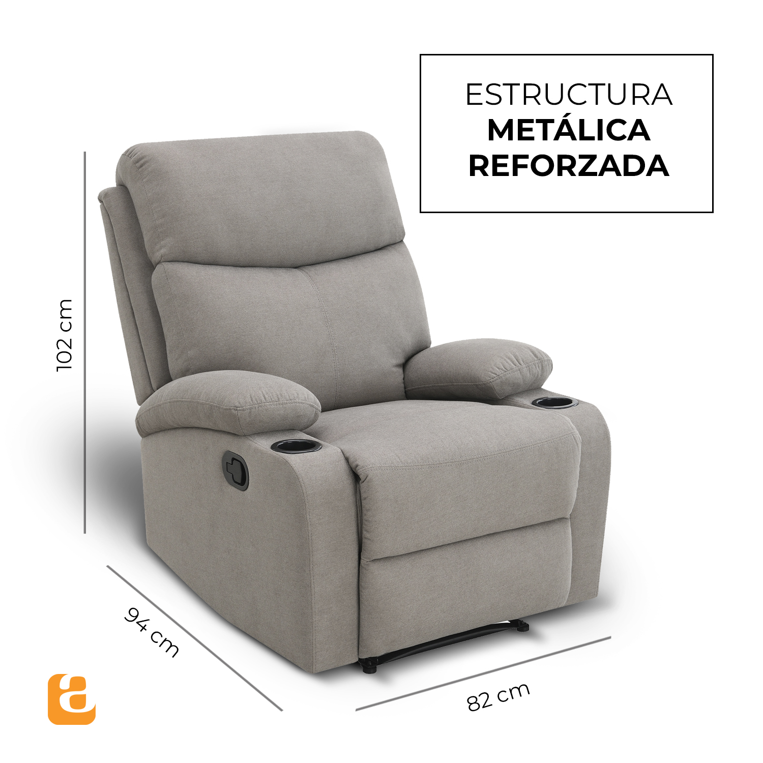 Sillón Reclinable Manual Nando de Tela Color Gris con Porta Vasos
