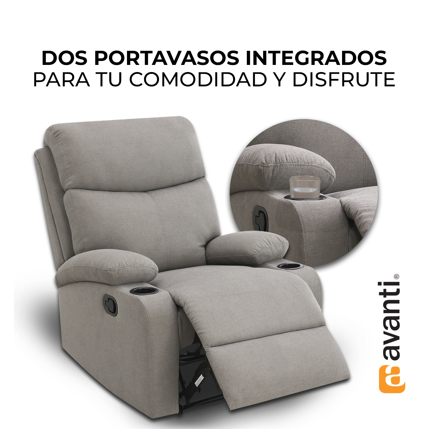 Sillón Reclinable Manual Nando de Tela Color Gris con Porta Vasos