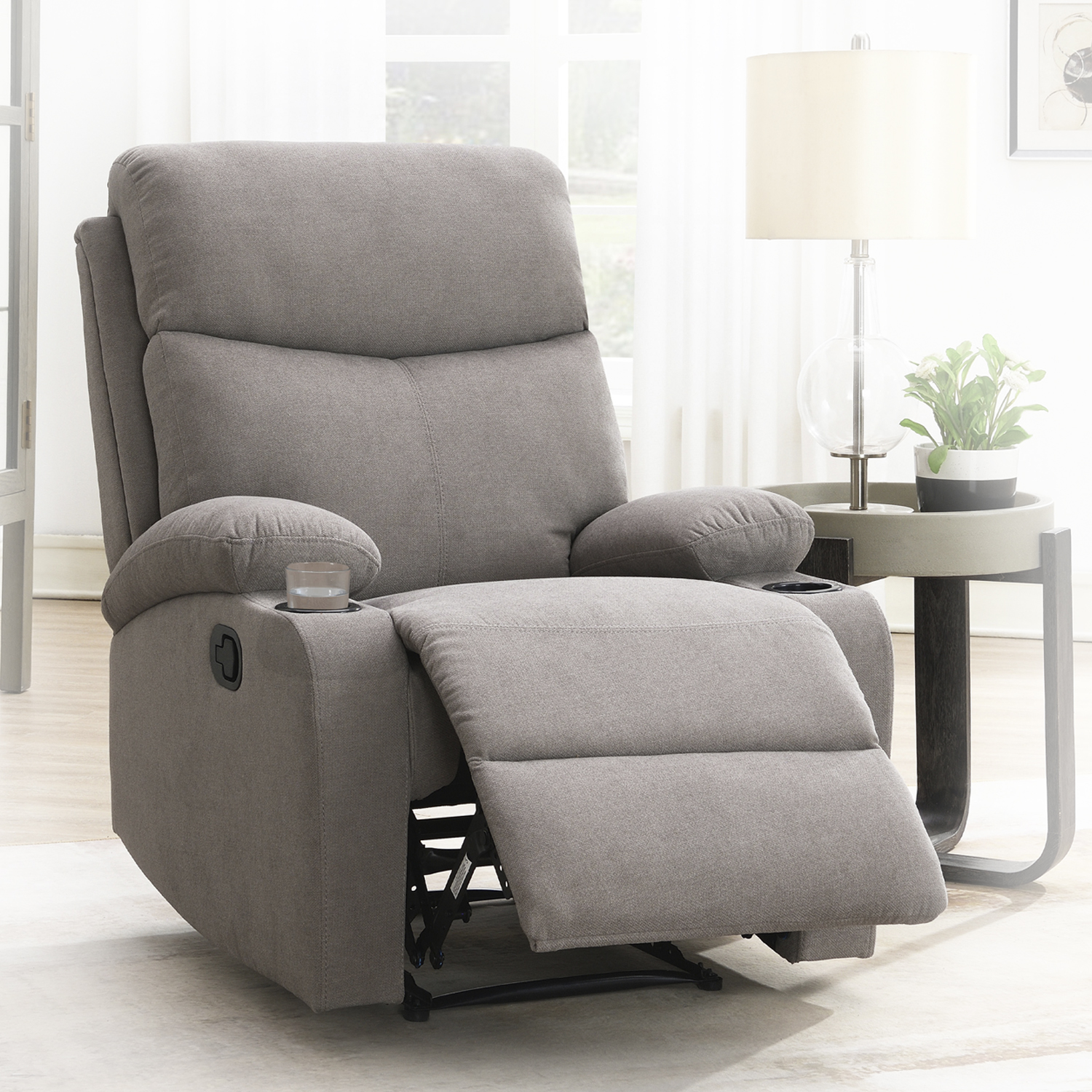 Sillón Reclinable Manual Nando de Tela Color Gris con Porta Vasos