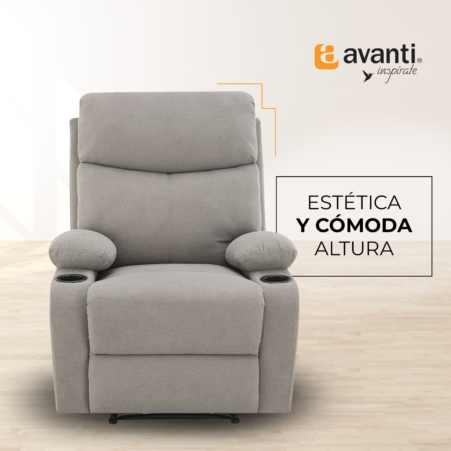 Sillón Reclinable Manual Nando de Tela Color Gris con Porta Vasos