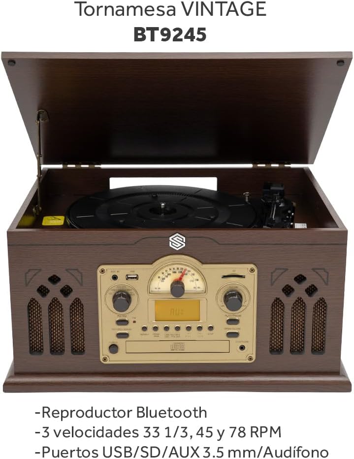 Select Sound Tornamesa con Bluetooth Tipo Vintage, Reproductor de Vinilos LP de 3 Velocidades con Bocinas Integradas, Grabación de CDs y MP3, Radio AM/FM