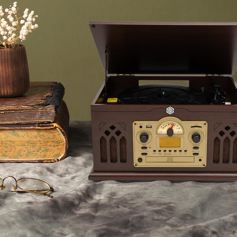 Select Sound Tornamesa con Bluetooth Tipo Vintage, Reproductor de Vinilos LP de 3 Velocidades con Bocinas Integradas, Grabación de CDs y MP3, Radio AM/FM