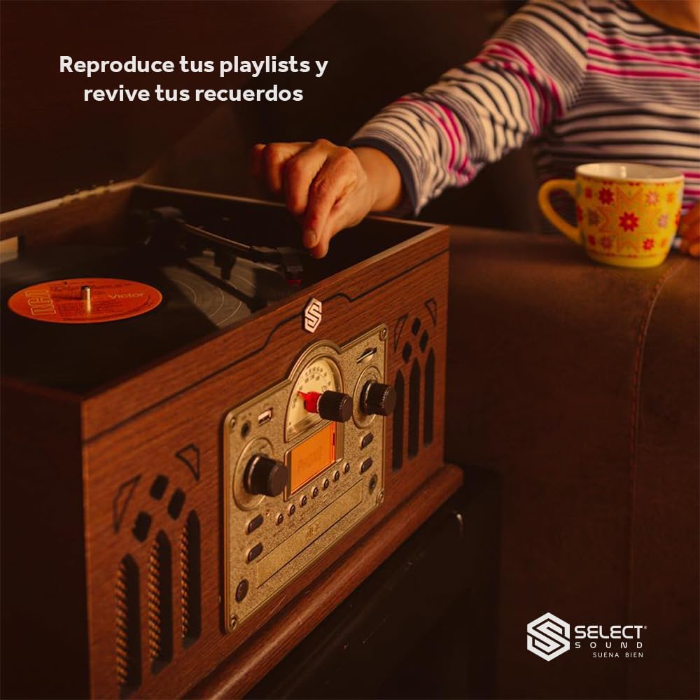 Select Sound Tornamesa con Bluetooth Tipo Vintage, Reproductor de Vinilos LP de 3 Velocidades con Bocinas Integradas, Grabación de CDs y MP3, Radio AM/FM