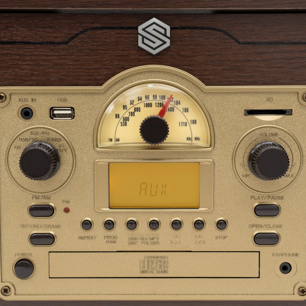 Select Sound Tornamesa con Bluetooth Tipo Vintage, Reproductor de Vinilos LP de 3 Velocidades con Bocinas Integradas, Grabación de CDs y MP3, Radio AM/FM
