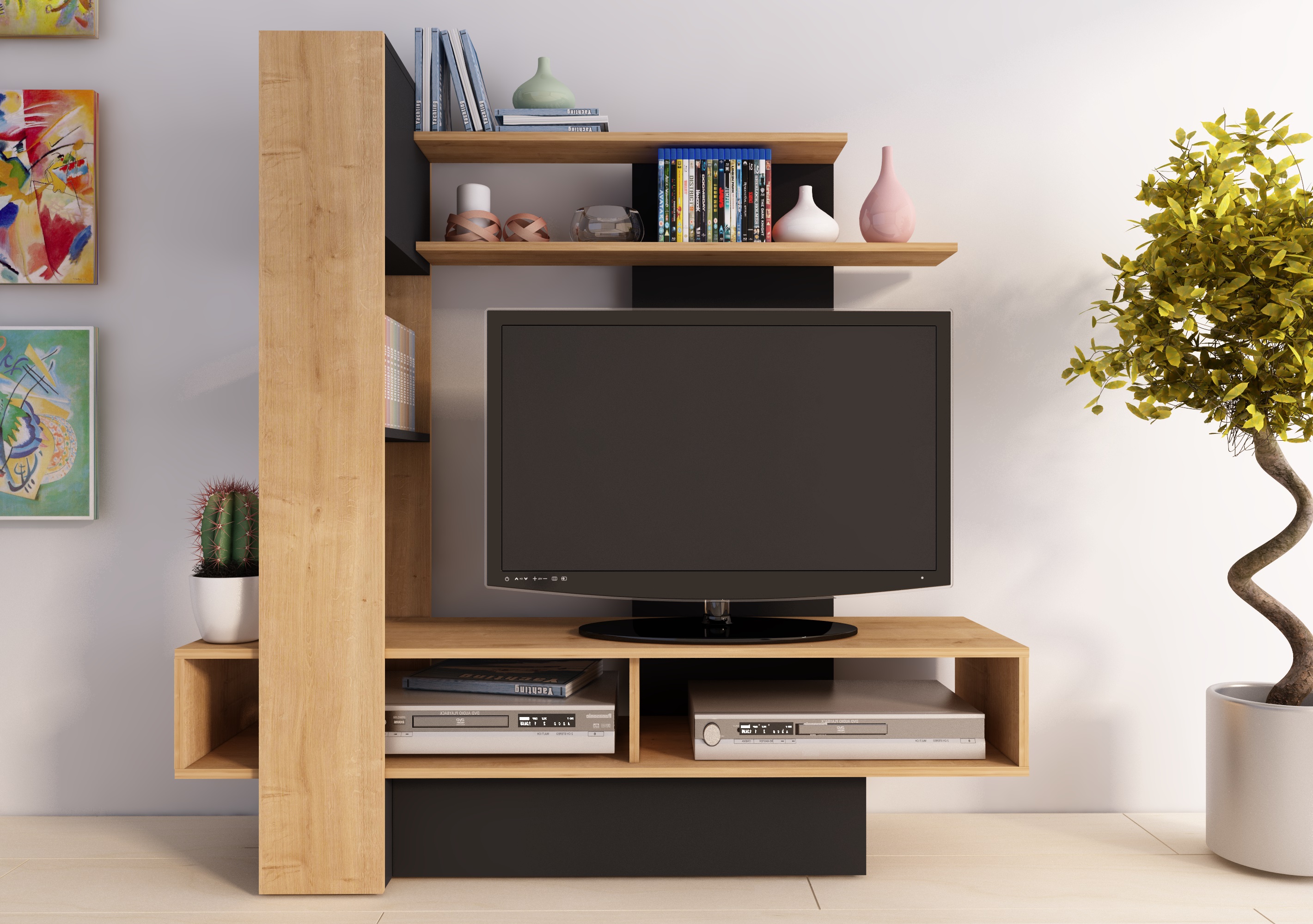 Mueble para TV Gris y Madera con Entrepaños y Zonas de Almacenamiento Apto para TV de Hasta 46 Pulgadas