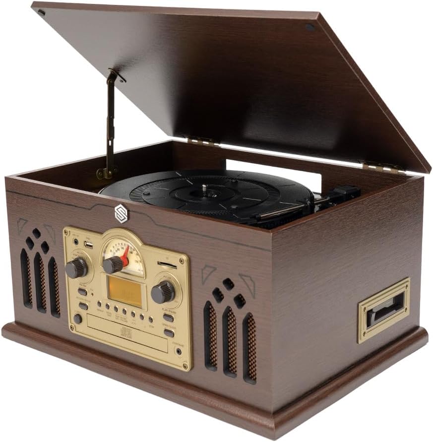 Select Sound Tornamesa con Bluetooth Tipo Vintage, Reproductor de Vinilos LP de 3 Velocidades con Bocinas Integradas, Grabación de CDs y MP3, Radio AM/FM
