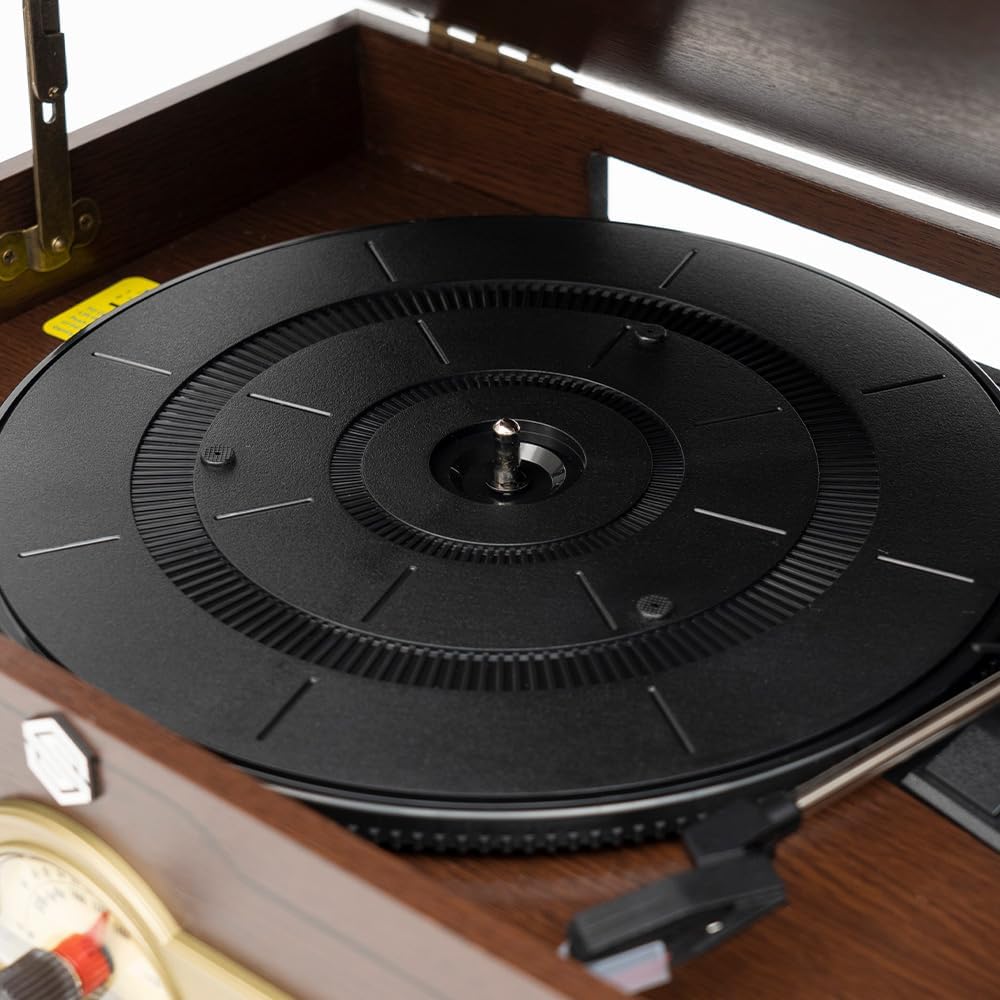 Select Sound Tornamesa con Bluetooth Tipo Vintage, Reproductor de Vinilos LP de 3 Velocidades con Bocinas Integradas, Grabación de CDs y MP3, Radio AM/FM