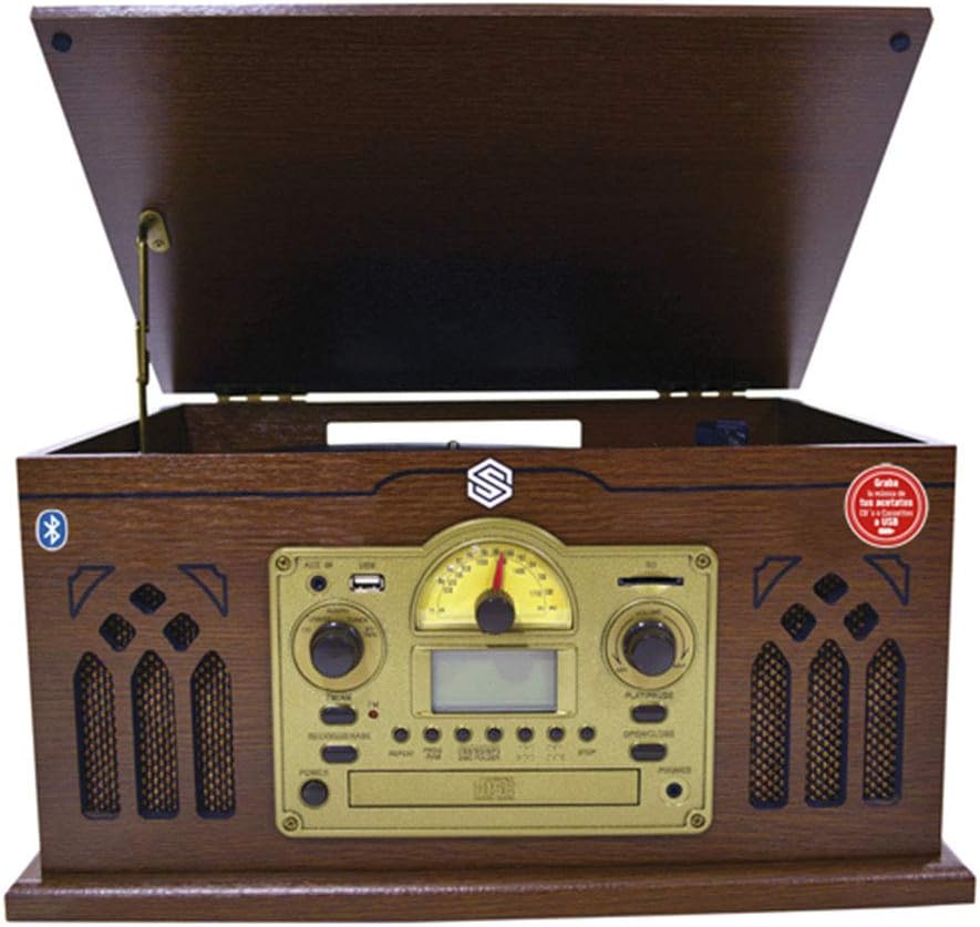 Select Sound Tornamesa con Bluetooth Tipo Vintage, Reproductor de Vinilos LP de 3 Velocidades con Bocinas Integradas, Grabación de CDs y MP3, Radio AM/FM