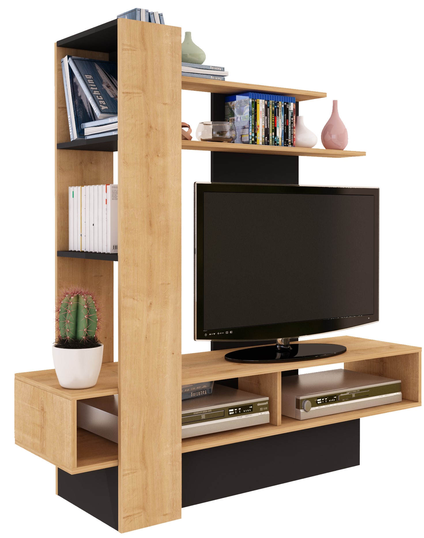 Mueble para TV Gris y Madera con Entrepaños y Zonas de Almacenamiento Apto para TV de Hasta 46 Pulgadas