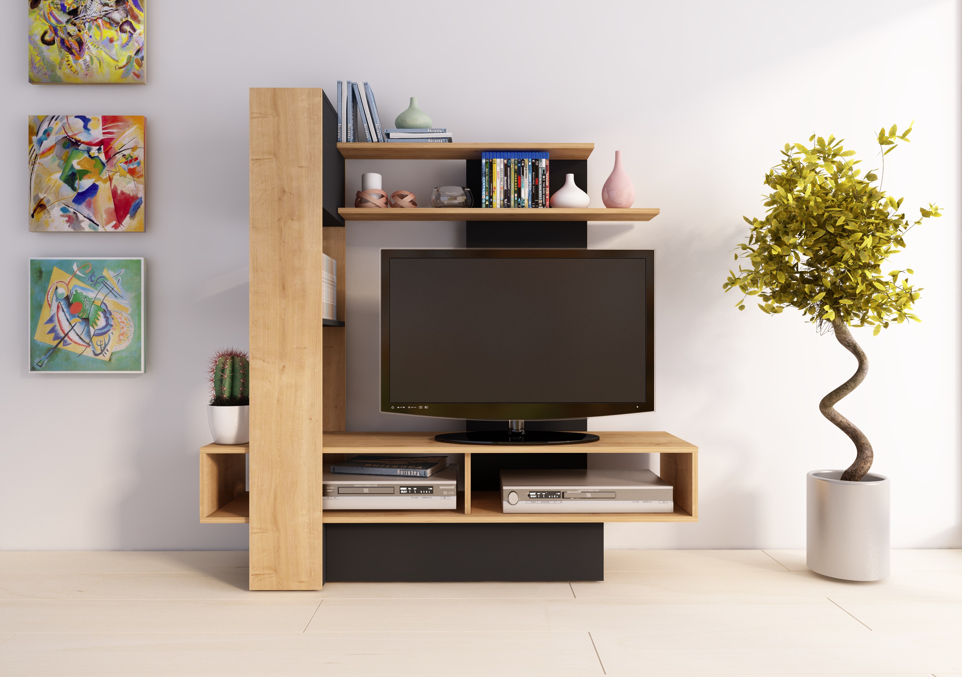 Mueble para TV Gris y Madera con Entrepaños y Zonas de Almacenamiento Apto para TV de Hasta 46 Pulgadas