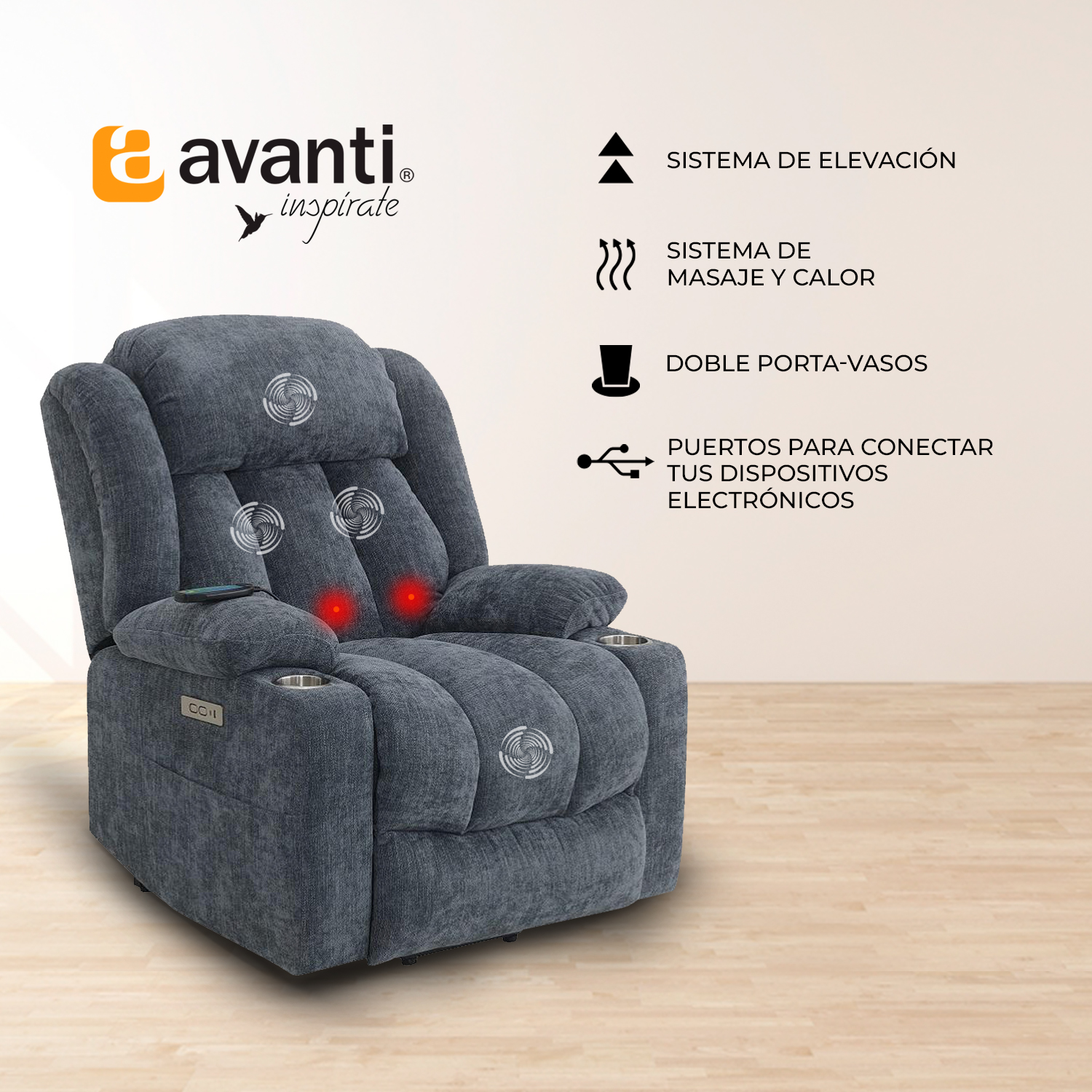Sillón Reclinable Eléctrico Ringo con Masaje y Elevación de Tela Color Azul