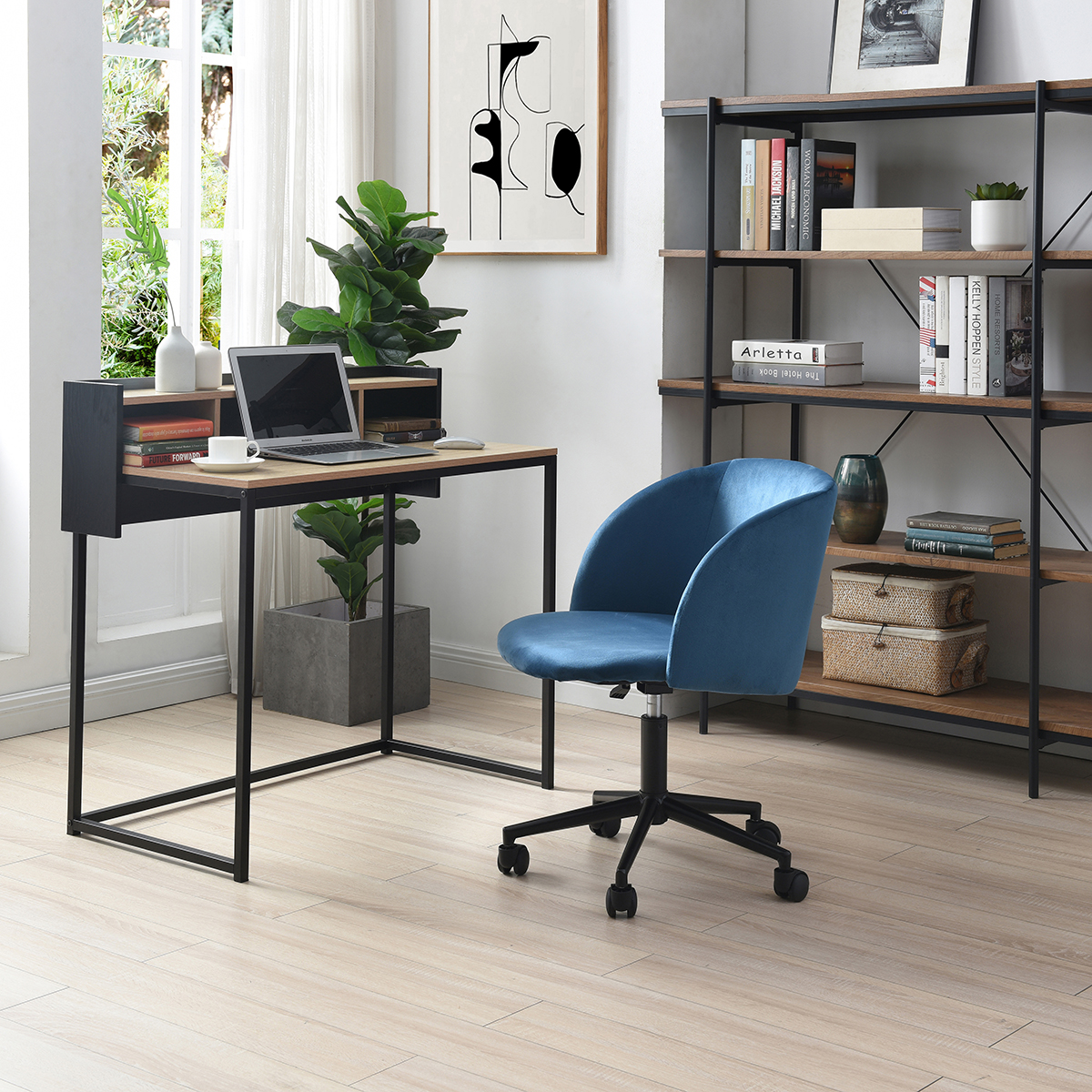 Silla de Oficina Giratoria en Terciopelo Azul con Altura Ajustable y Asiento Acolchado