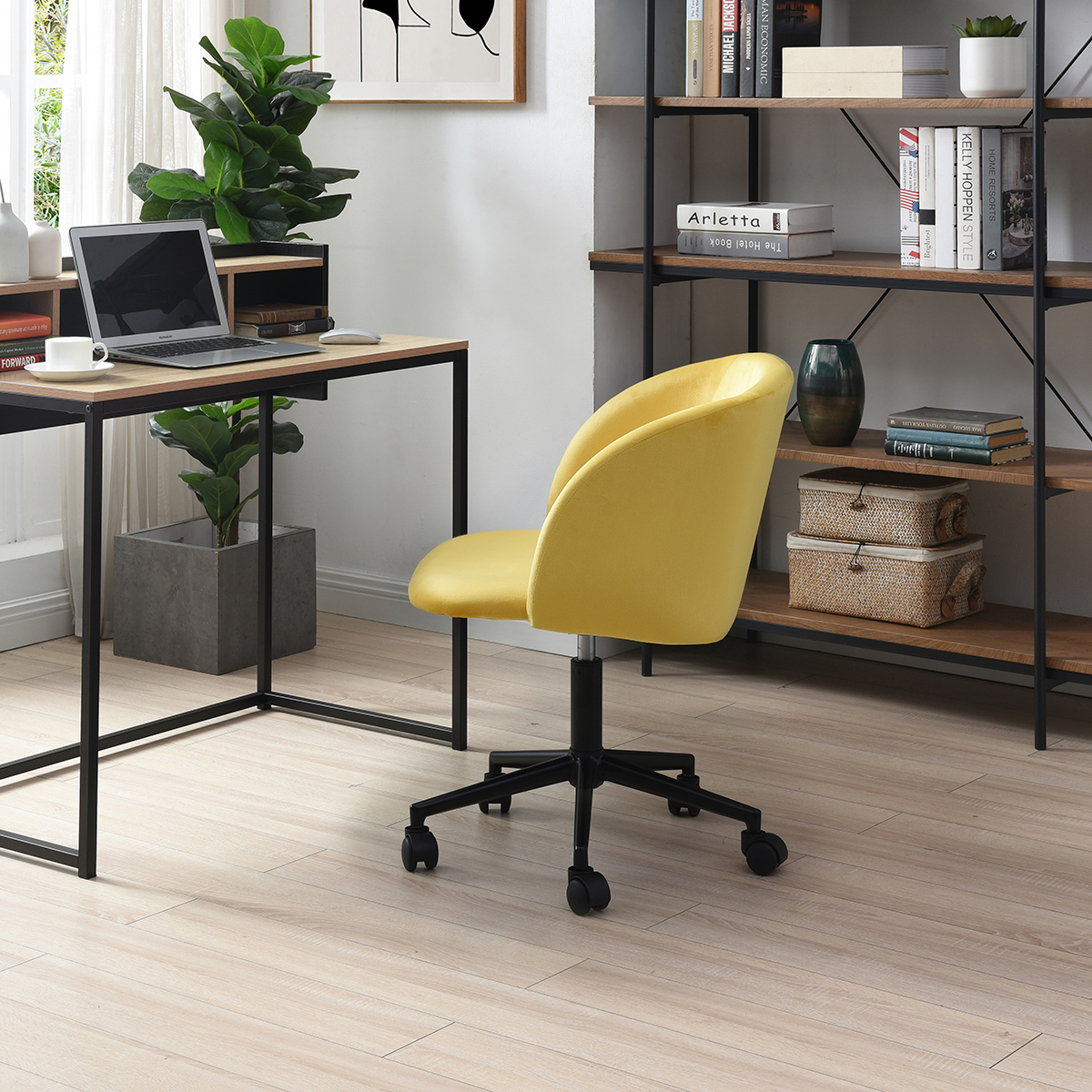 Silla de Oficina Giratoria en Terciopelo Mostaza con Altura Ajustable y Asiento Acolchado