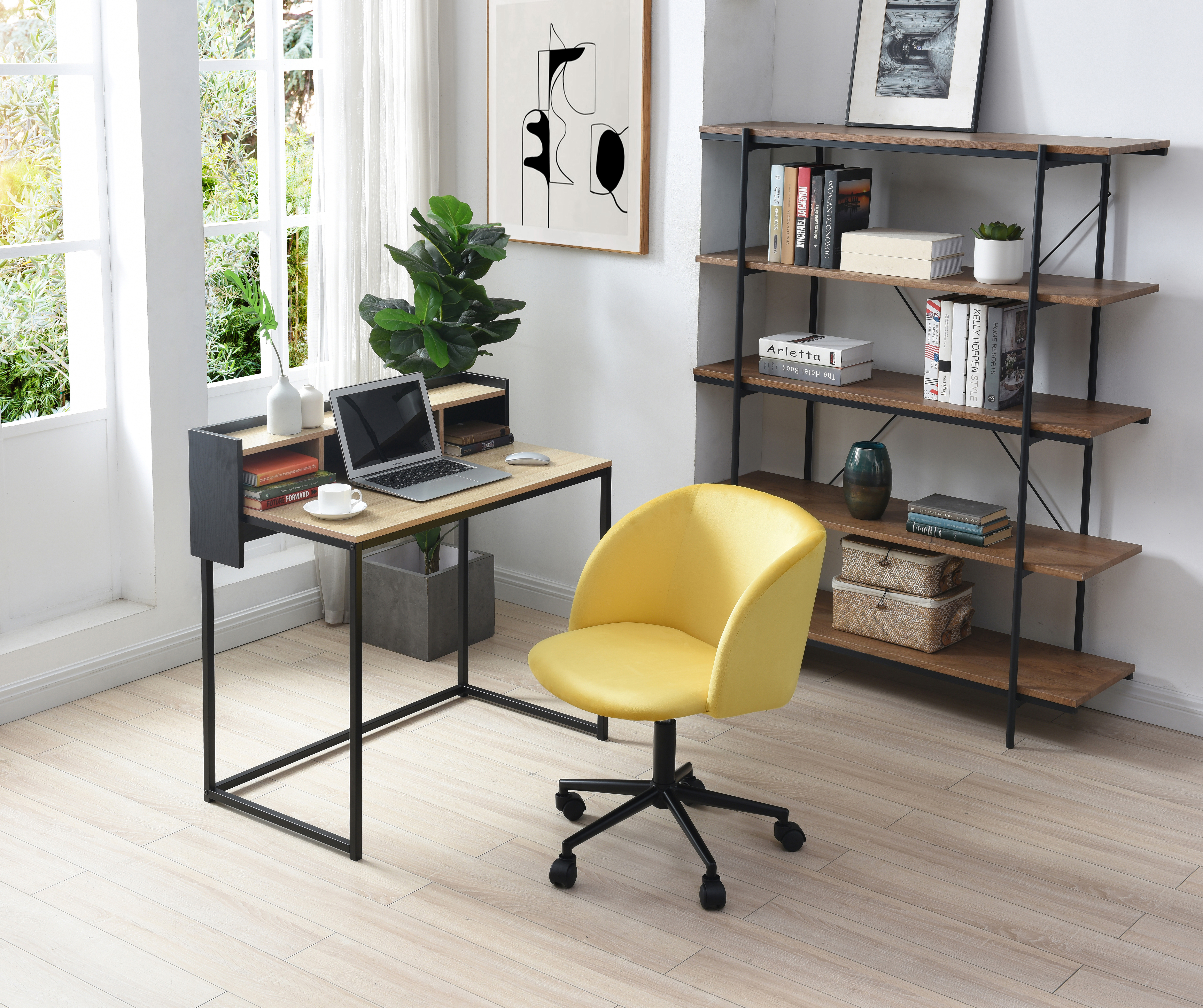 Silla de Oficina Giratoria en Terciopelo Mostaza con Altura Ajustable y Asiento Acolchado