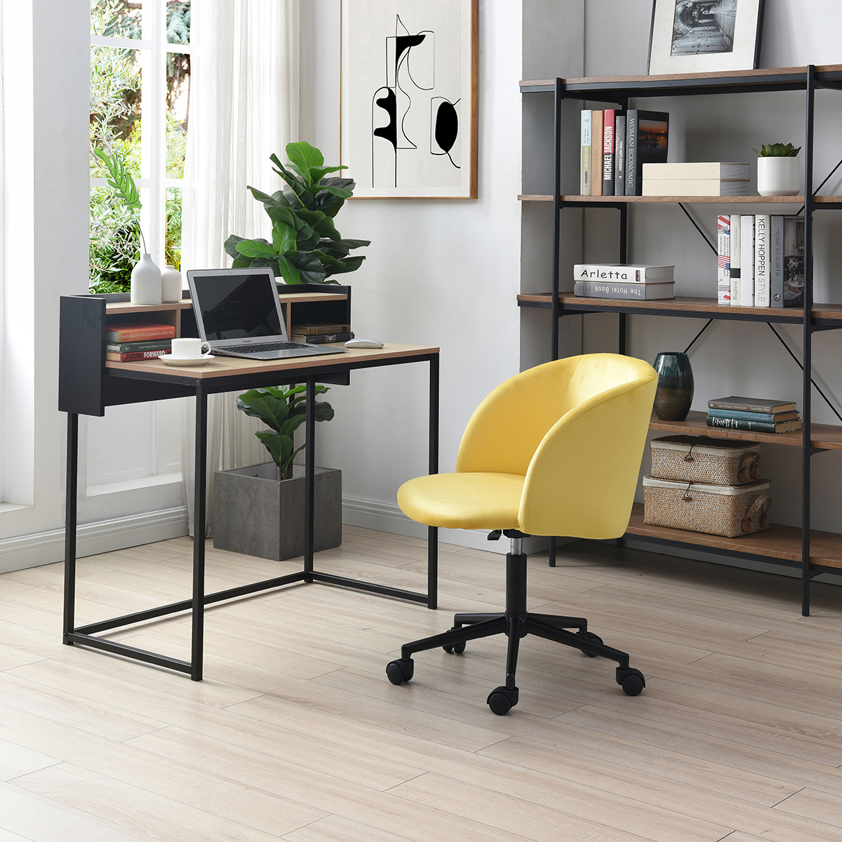 Silla de Oficina Giratoria en Terciopelo Mostaza con Altura Ajustable y Asiento Acolchado