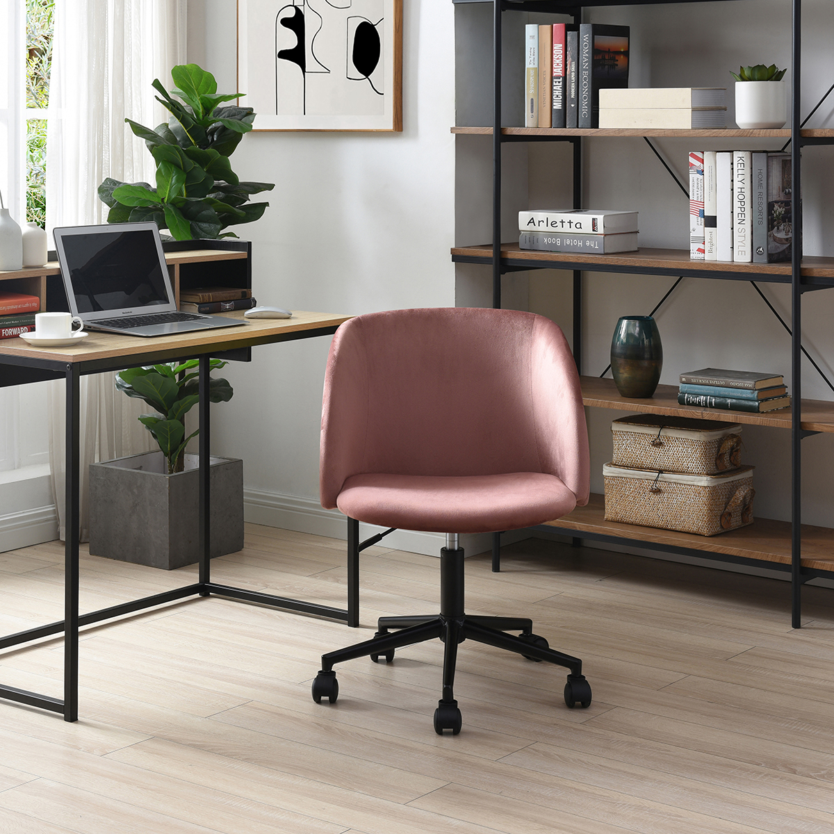 Silla de Oficina Giratoria en Terciopelo Rosa con Altura Ajustable y Asiento Acolchado