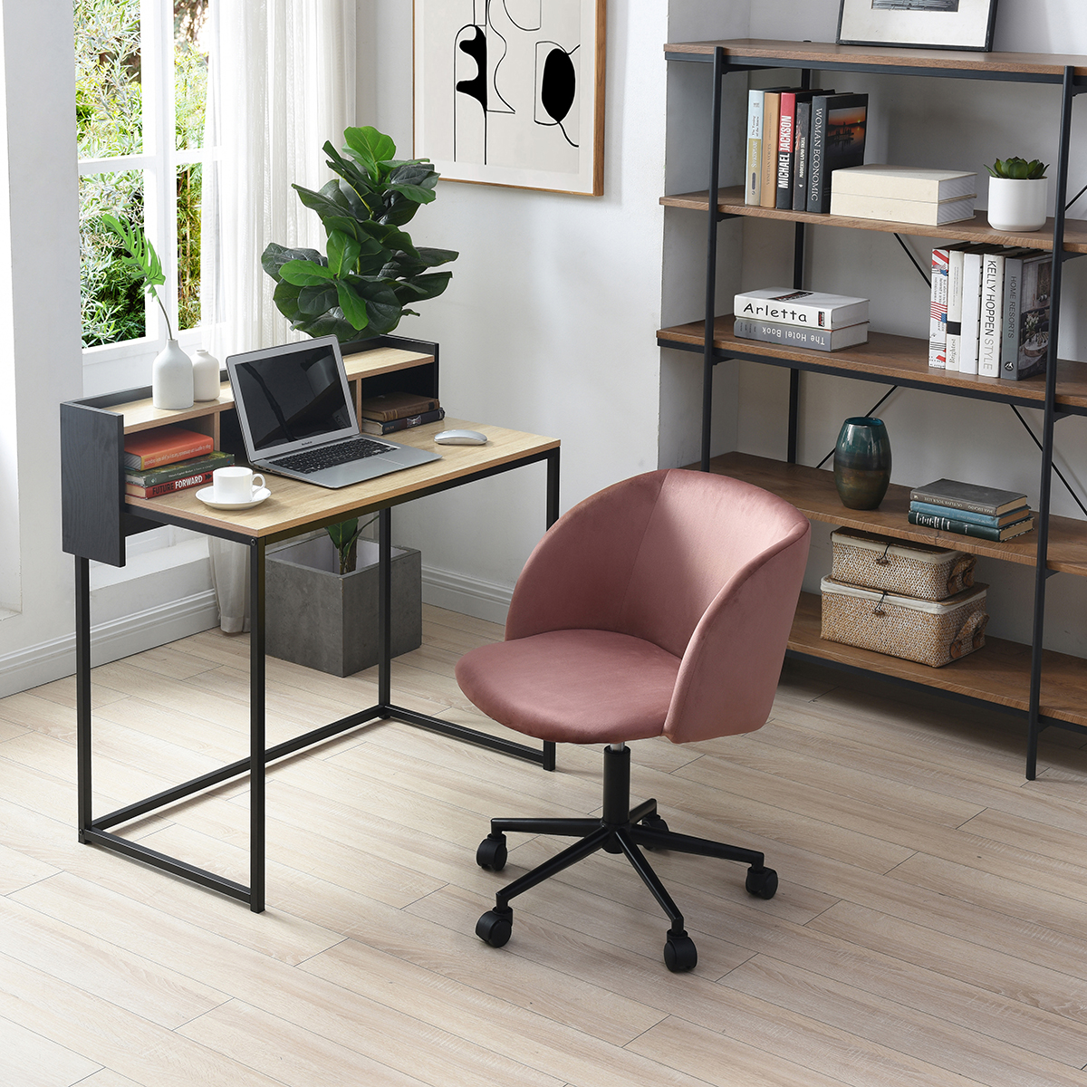 Silla de Oficina Giratoria en Terciopelo Rosa con Altura Ajustable y Asiento Acolchado