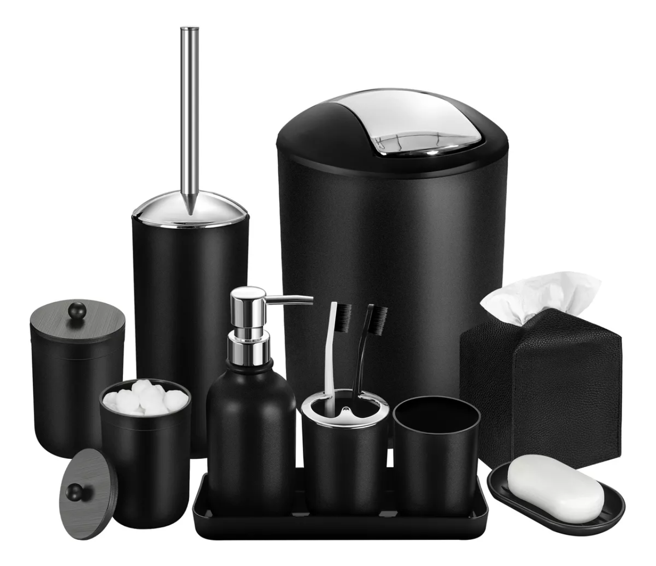 Set De Baño Accesorios 8/10 Pzs Negro Plastico Completo 