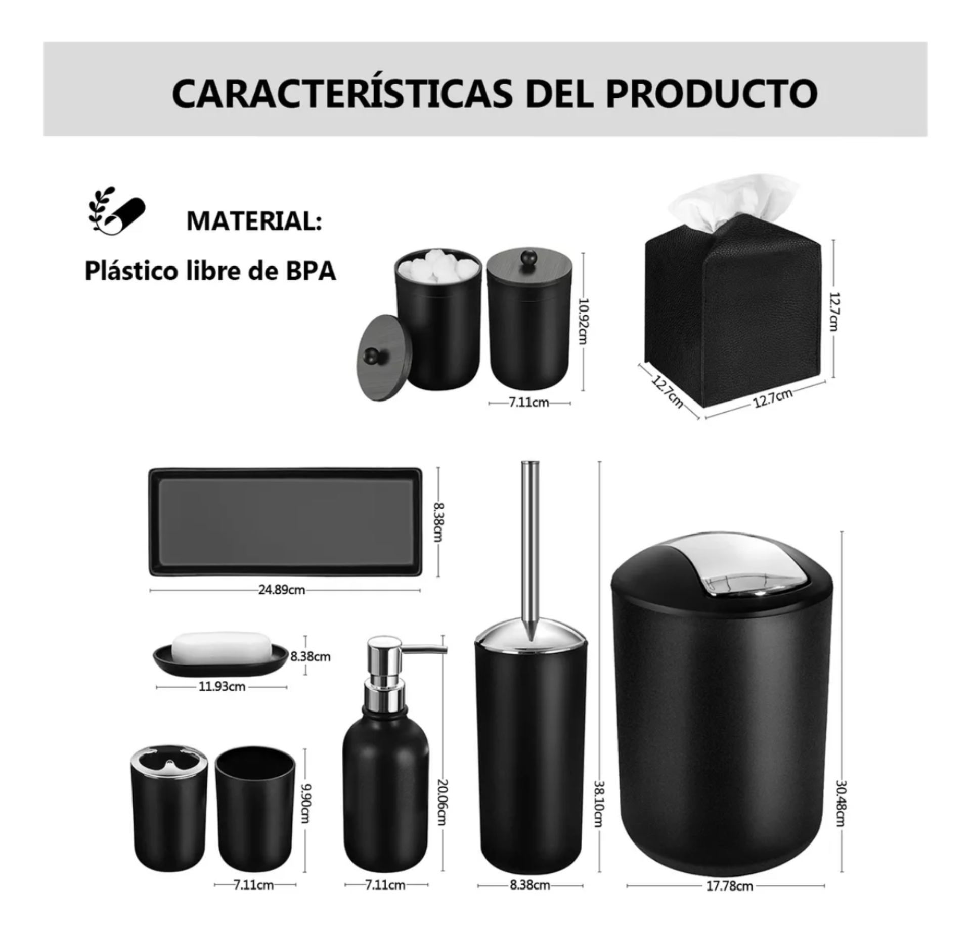 Set De Baño Accesorios 8/10 Pzs Negro Plastico Completo 