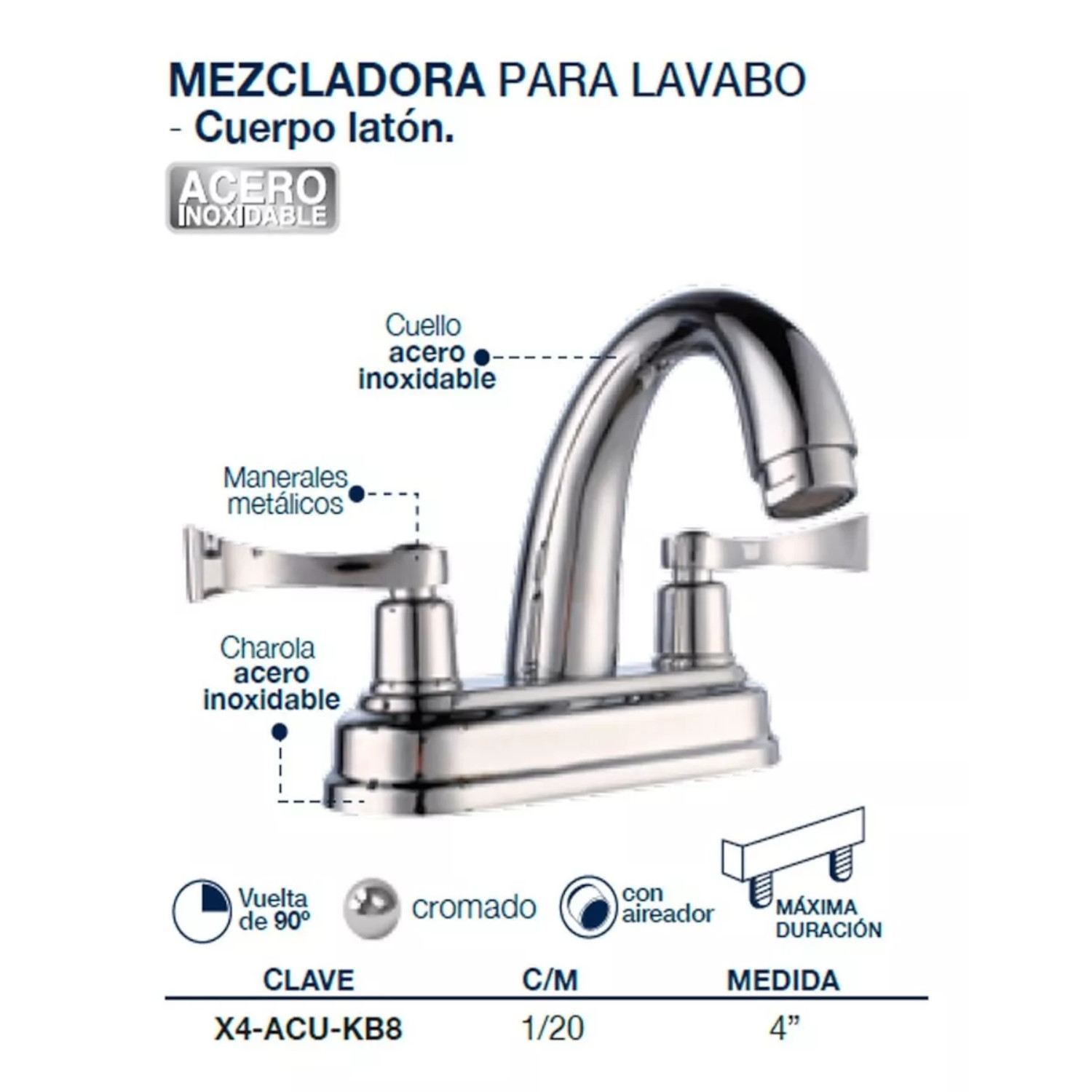 Llave Mezcladora Baño Lavabo Alfa Cuerpo De Latón Cromado Rehilete Corto