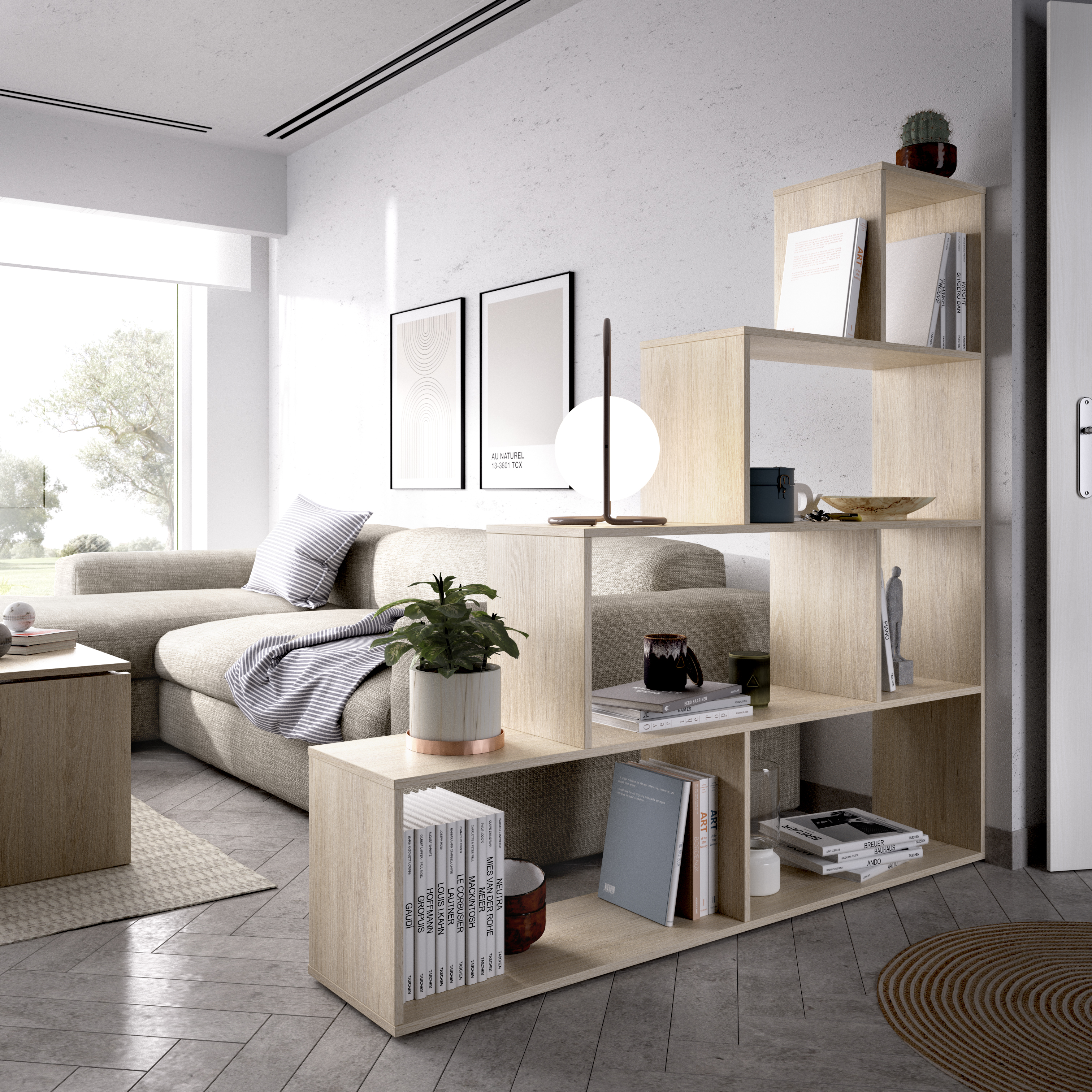 Librero Color Madera en Escalera con 6 Módulos de Almacenaje. Estructura de Madera MDF