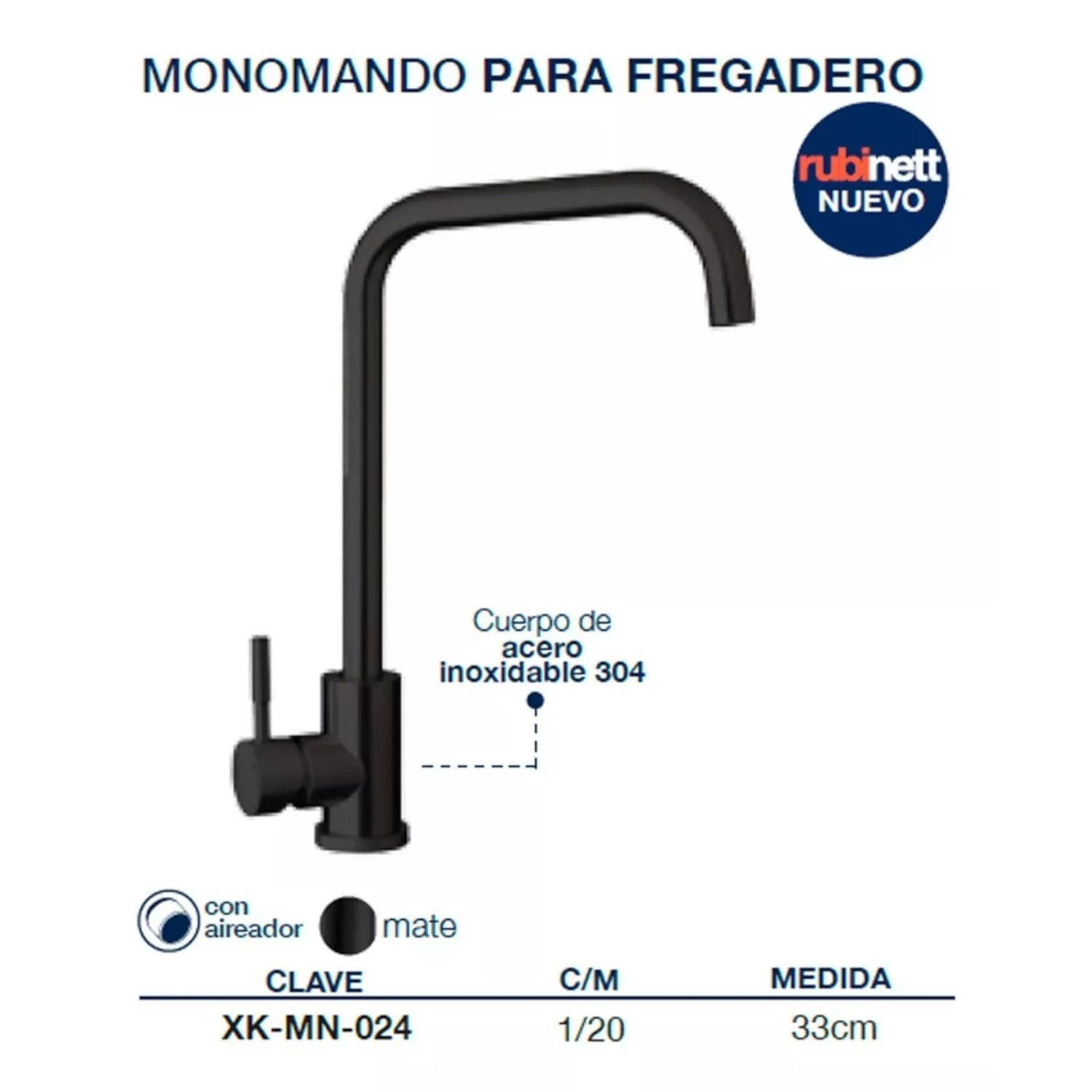 Llave Monomando Fregadero O Tarja Cocina  Rubinett Acero Inoxidable 304 Negro Mate de Lujo