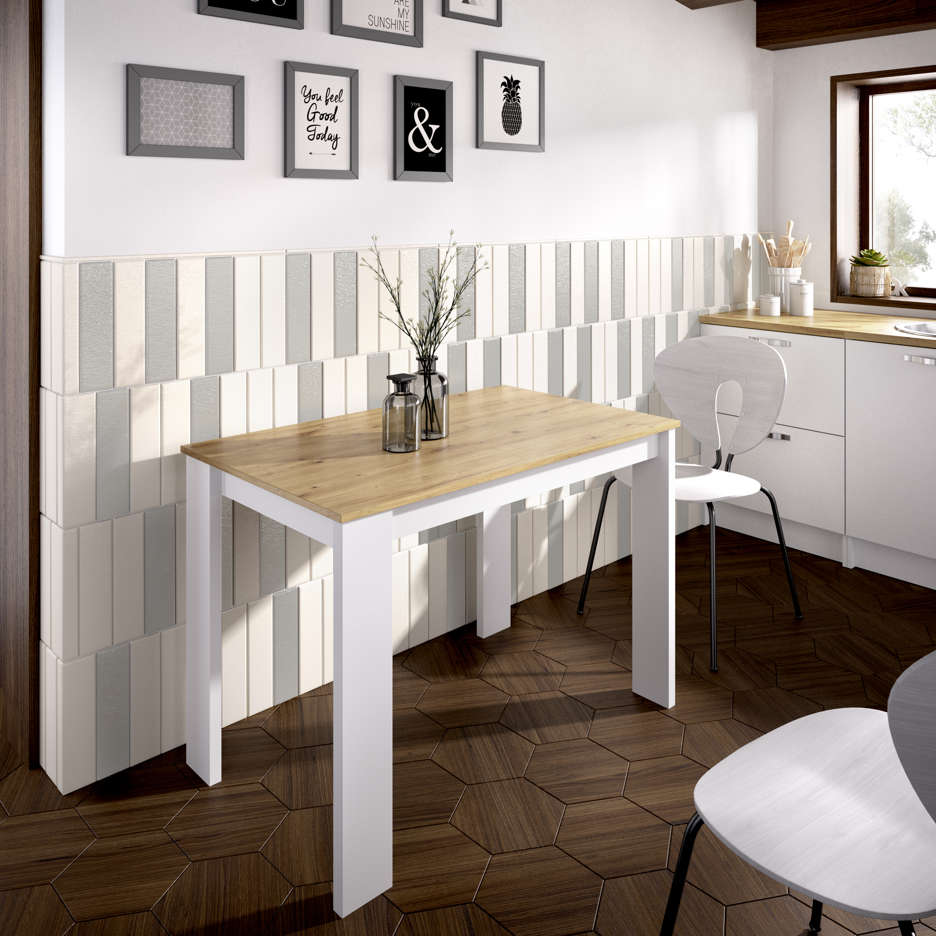 Mesa Auxiliar Color Blanco y Madera para Sala o Cocina. Estructura de Madera Industrial