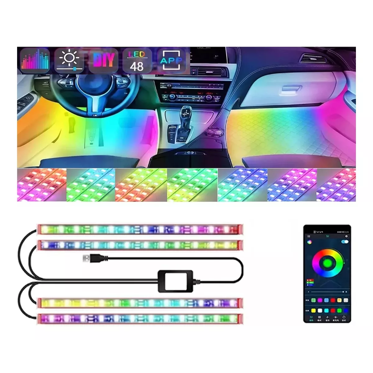Barra De Luz Tiras 48 Luces Fluido Rgb Interior Para Carro
