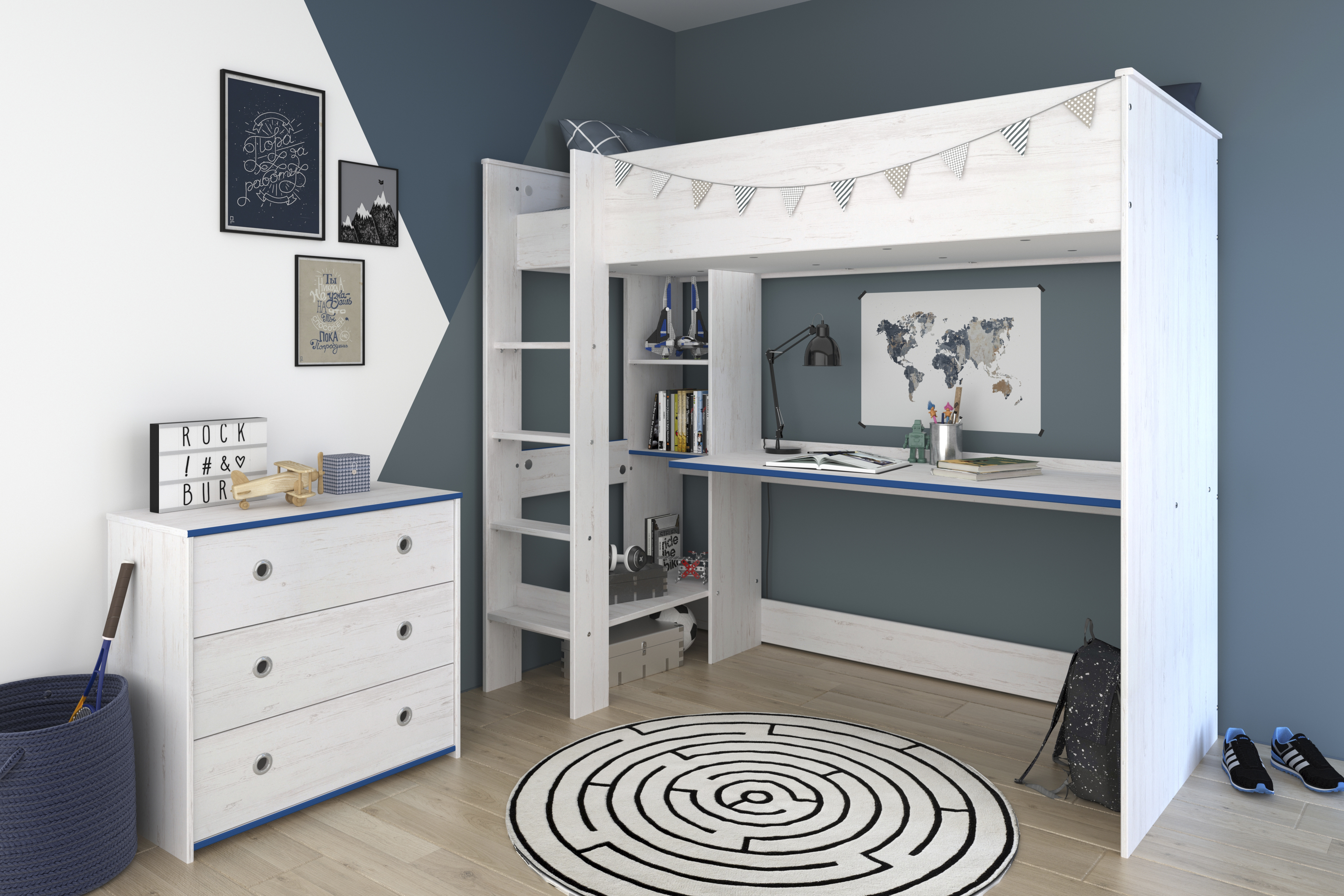 Litera Color Madera con Escritorio y 3 Entrepaños. Estructura de Madera Industrial