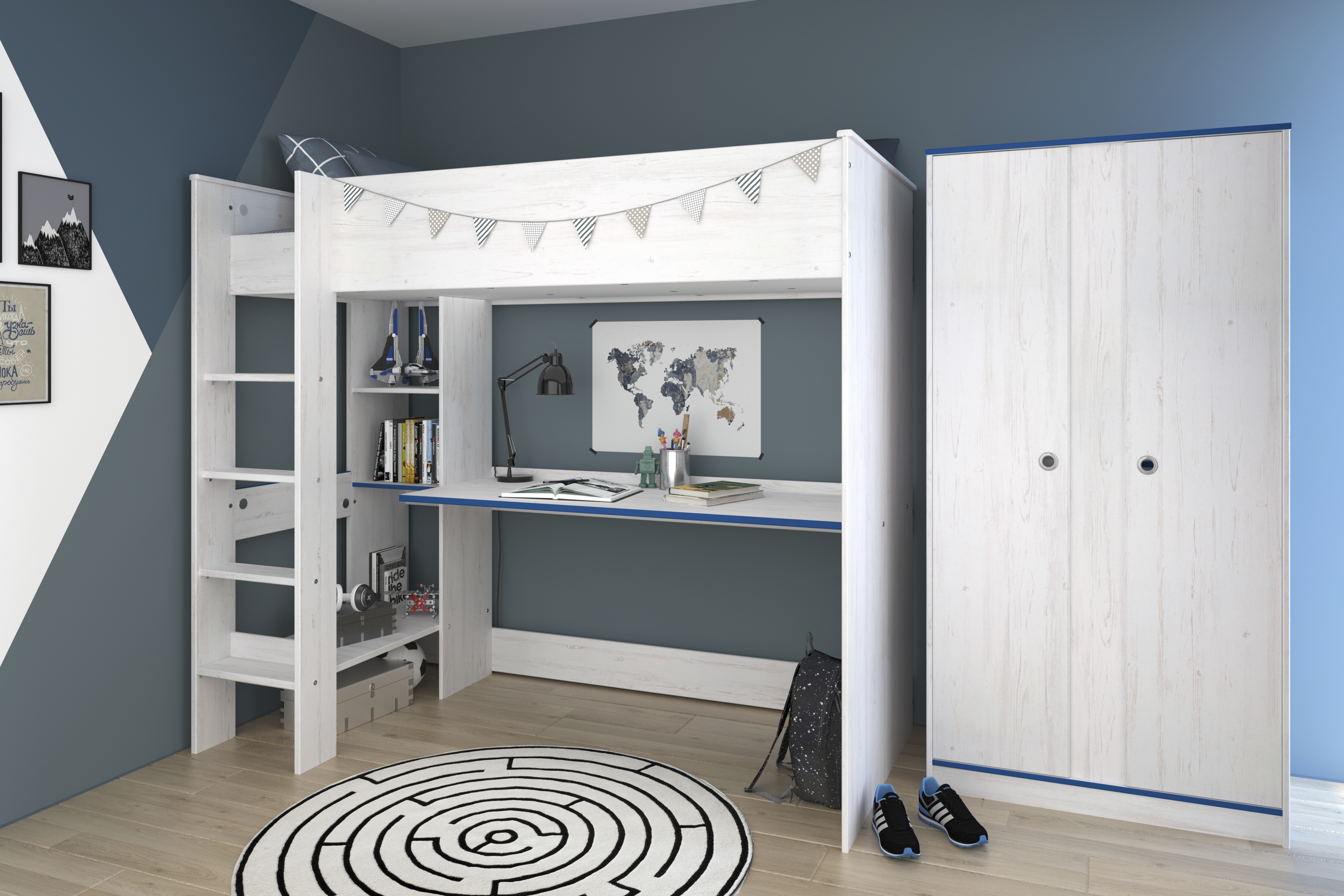Litera Color Madera con Escritorio y 3 Entrepaños. Estructura de Madera Industrial