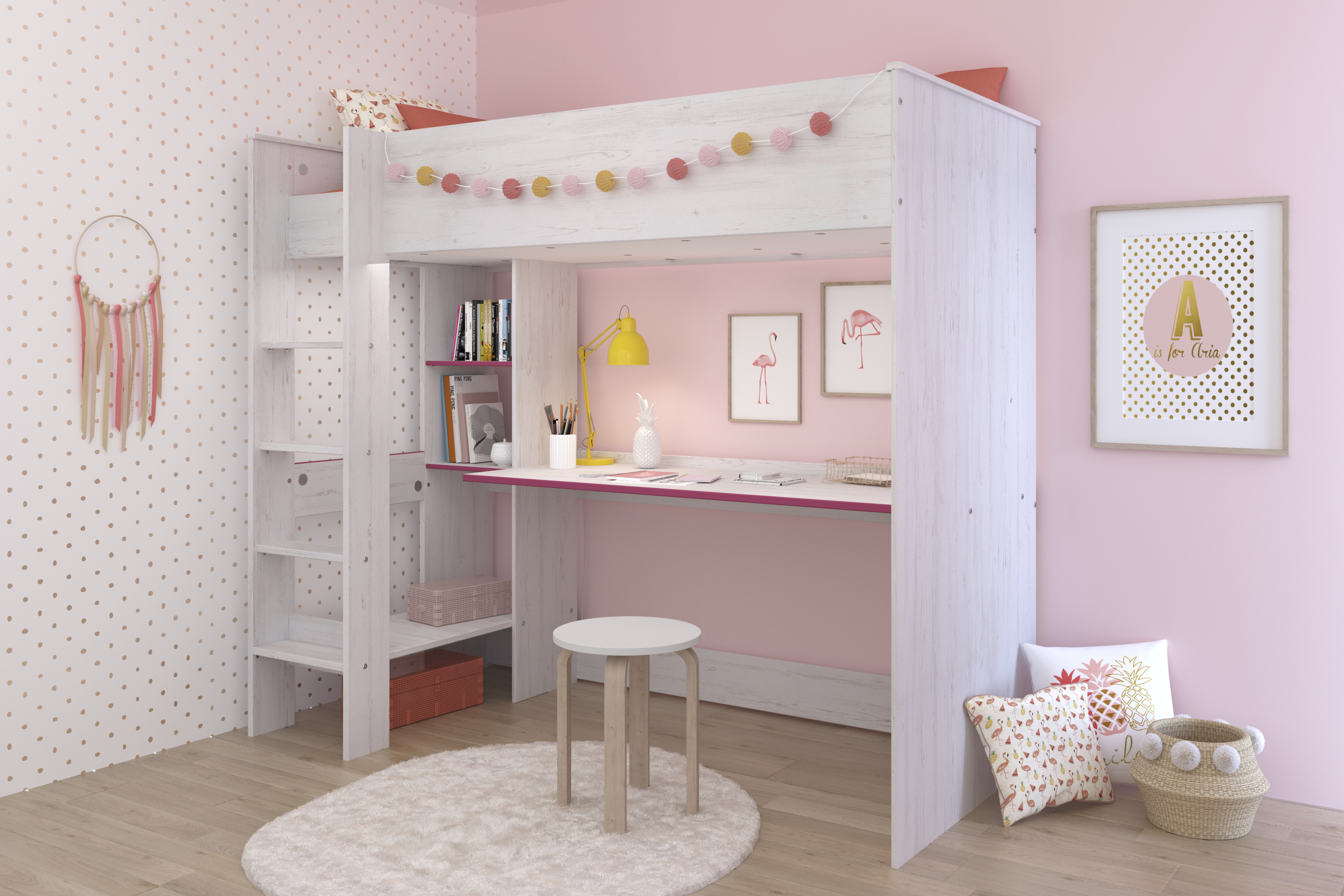 Litera Color Madera con Escritorio y 3 Entrepaños. Estructura de Madera Industrial