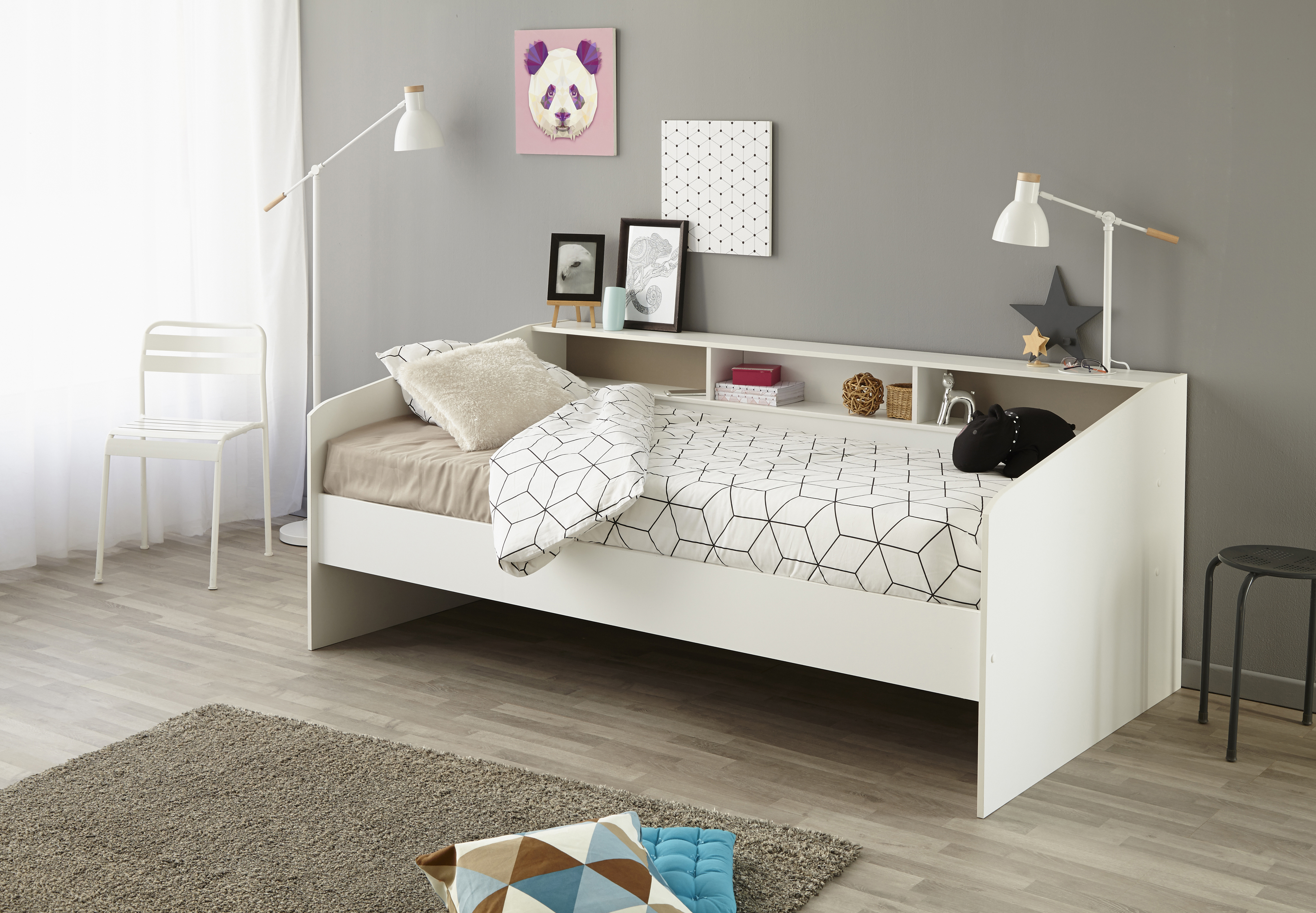 Cama Individual Blanca con 2 Cajones. Marco Metálico y Estructura de Madera Industrial