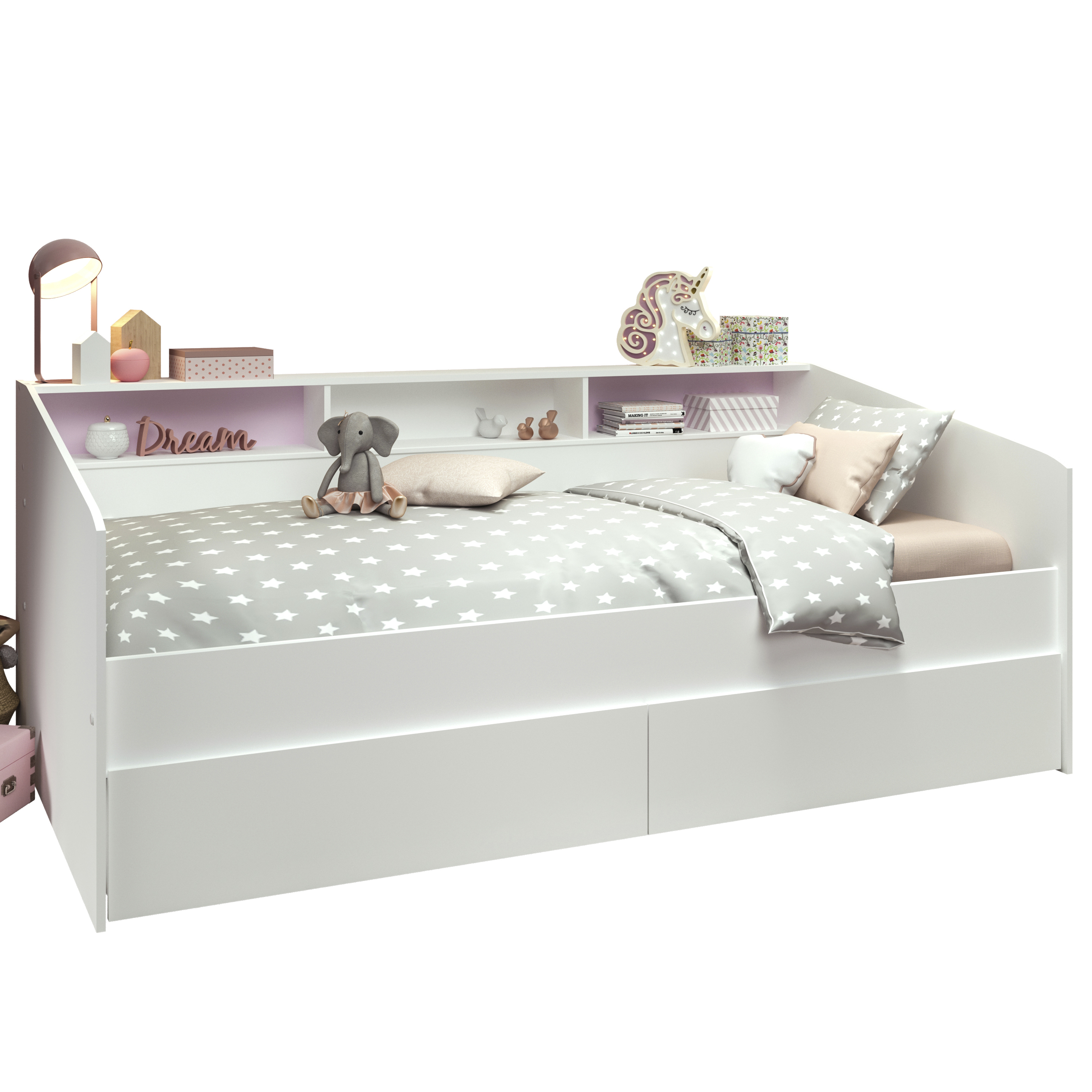 Cama Individual Blanca con 2 Cajones. Marco Metálico y Estructura de Madera Industrial