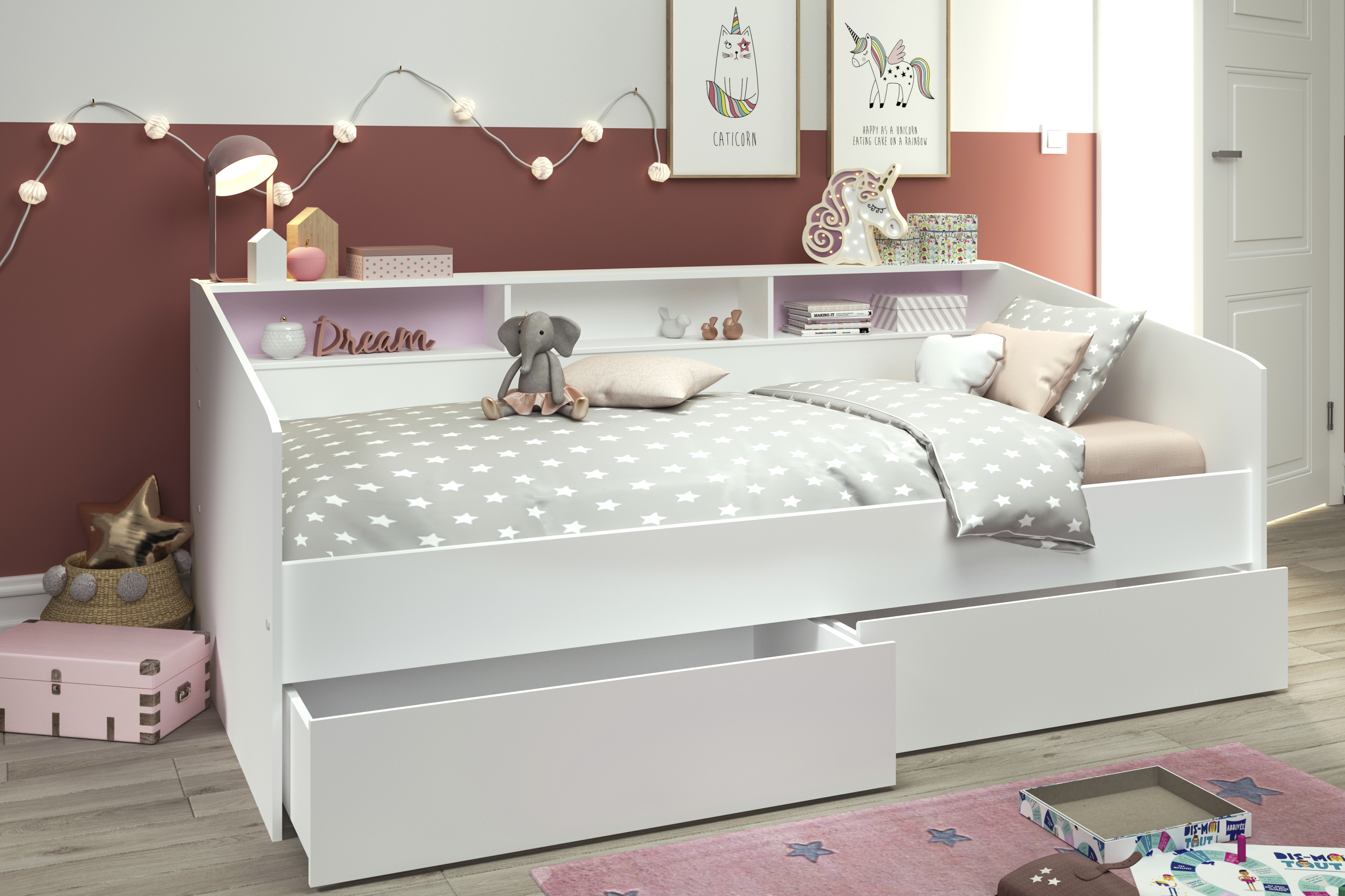 Cama Individual Blanca con 2 Cajones. Marco Metálico y Estructura de Madera Industrial