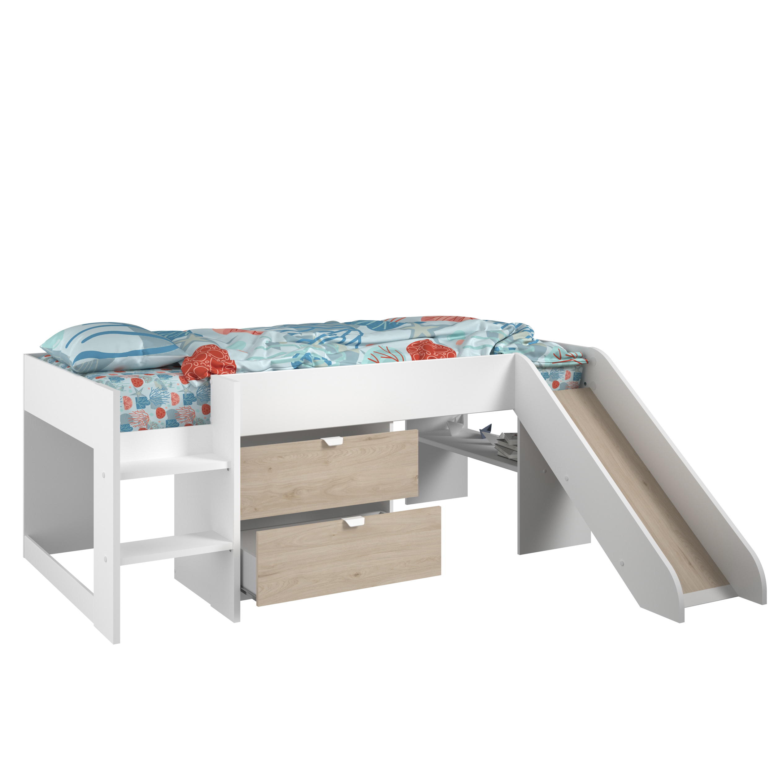 Cama Individual Infantil con Escalera, Resbaladilla y con 2 Cajones. Estructura de Madera Industrial