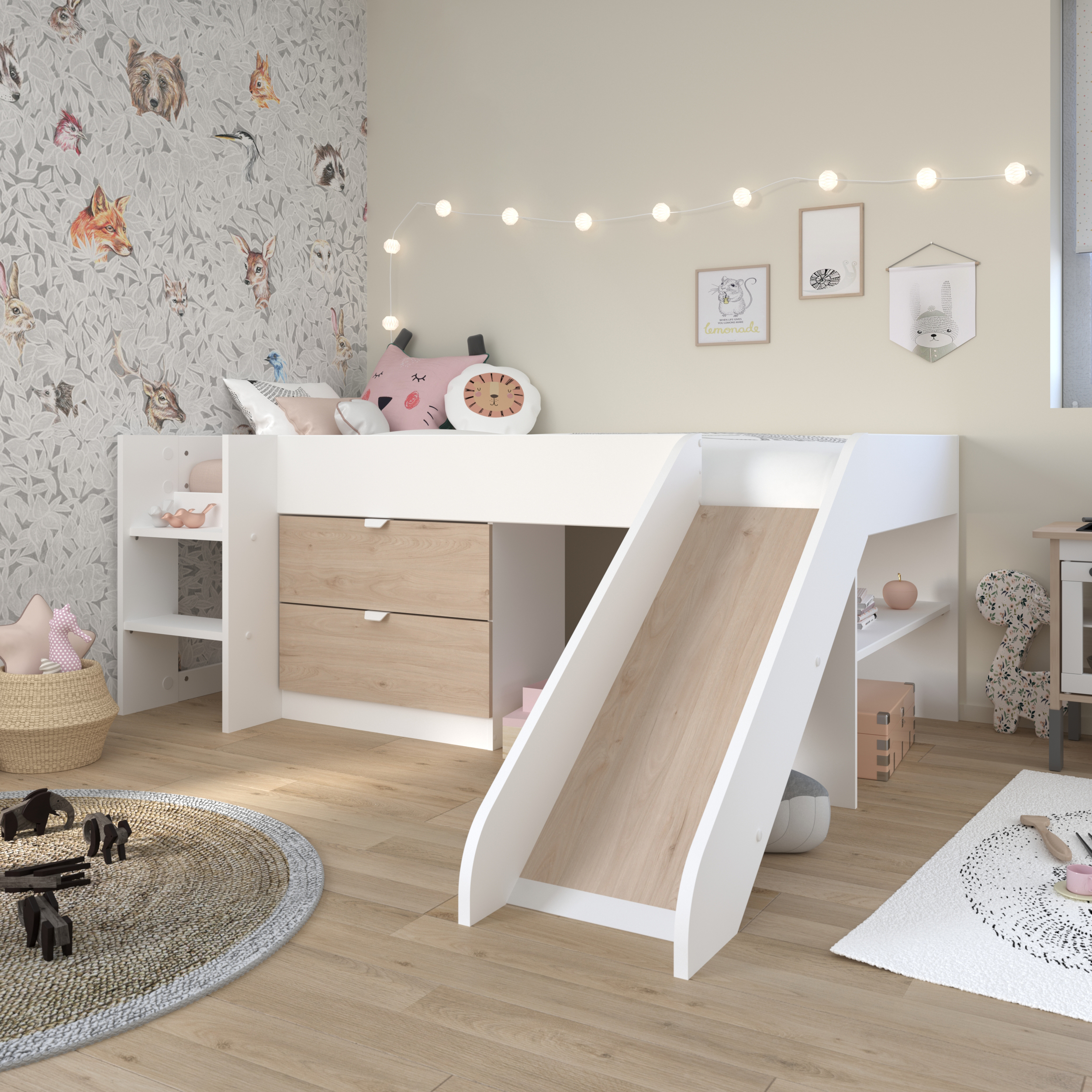 Cama Individual Infantil con Escalera, Resbaladilla y con 2 Cajones. Estructura de Madera Industrial