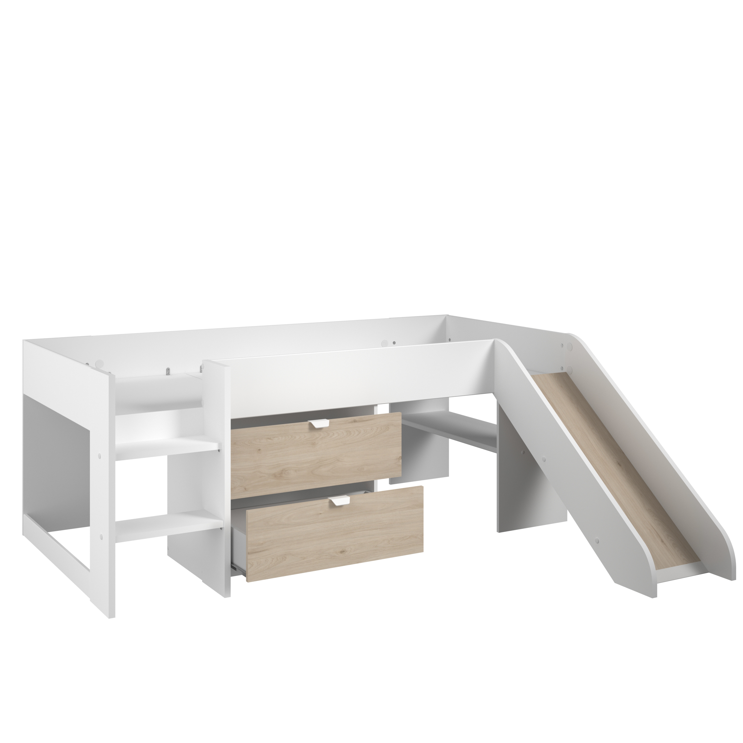 Cama Individual Infantil con Escalera, Resbaladilla y con 2 Cajones. Estructura de Madera Industrial