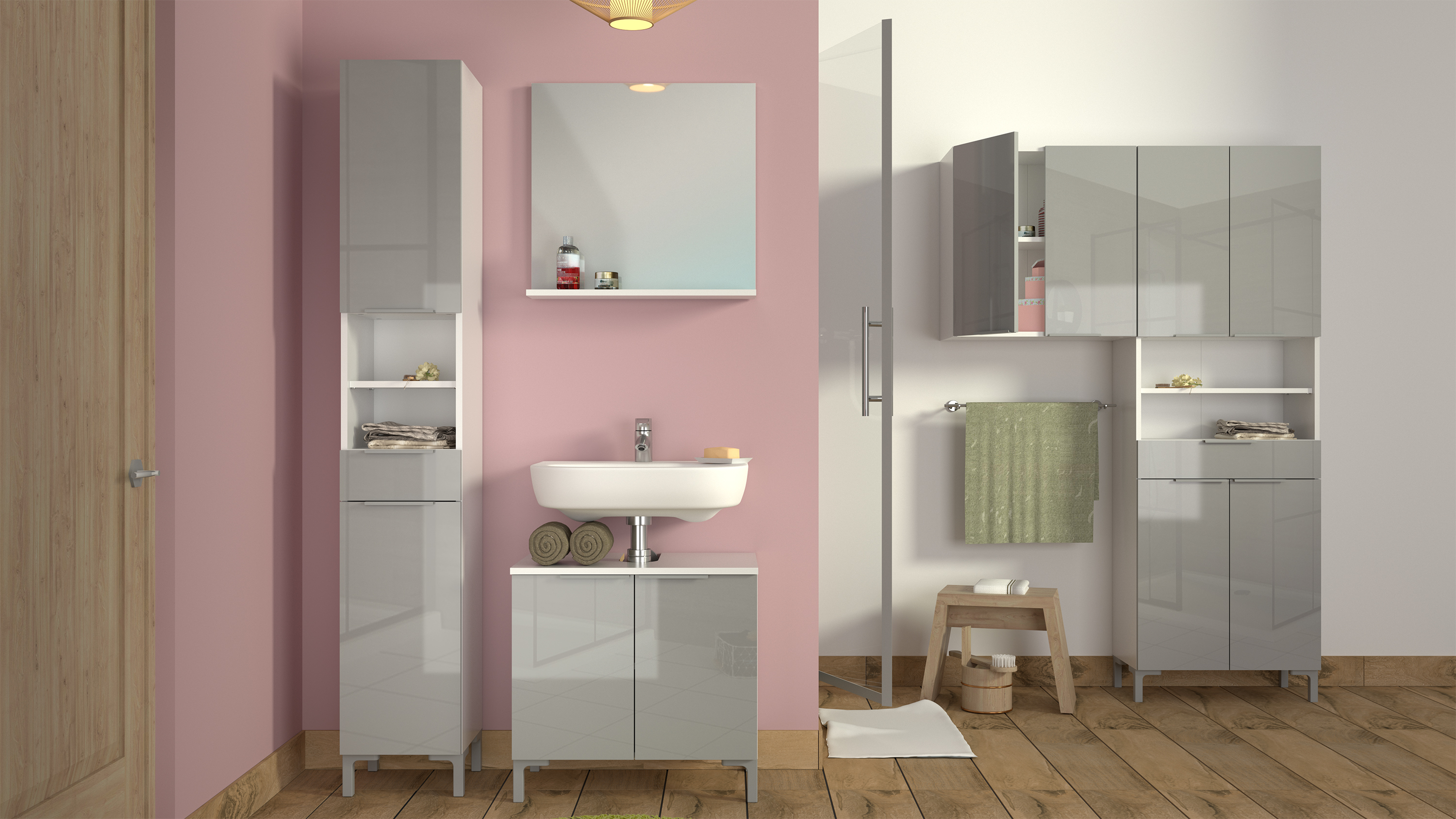 Espejo Blanco con Repisa para Baño y Soporte de Madera Industrial